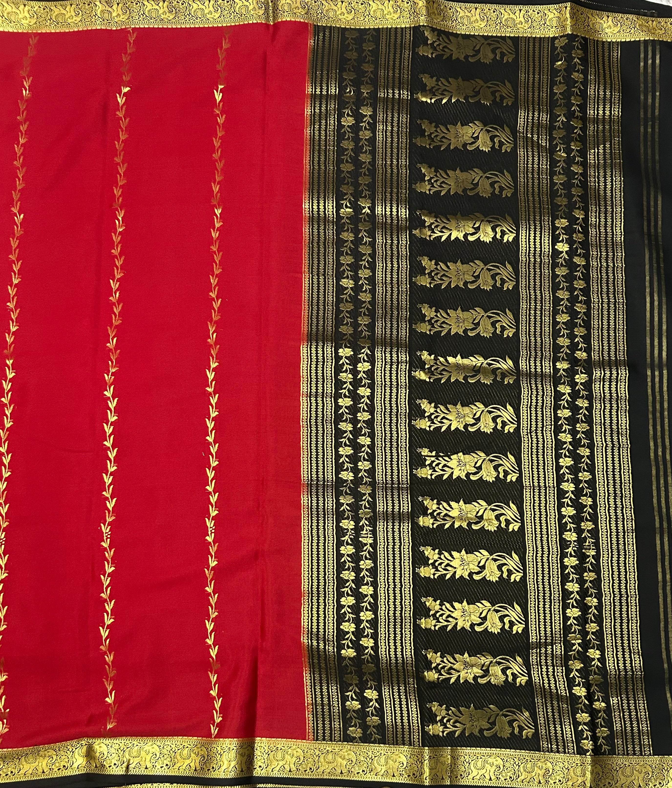 Red n black partly pallu Pure Mysore silk crepe 103 Saree
