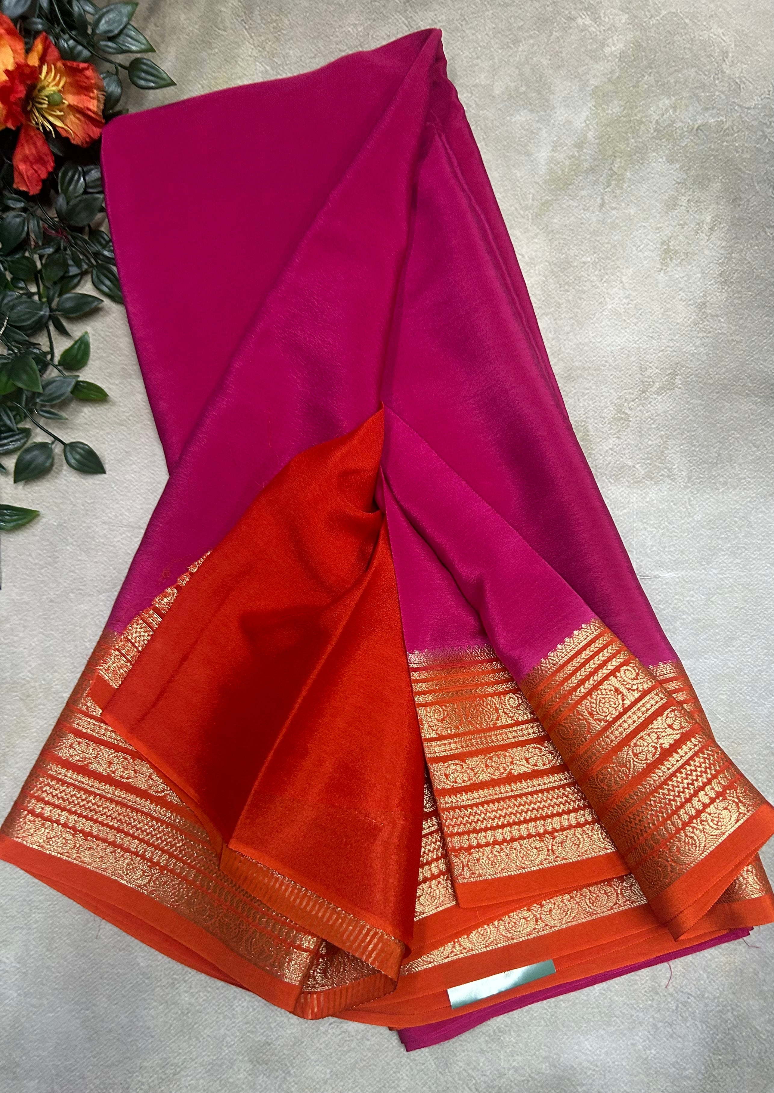 Pink n orange plain semi Mysore crepe silk 105 saree
