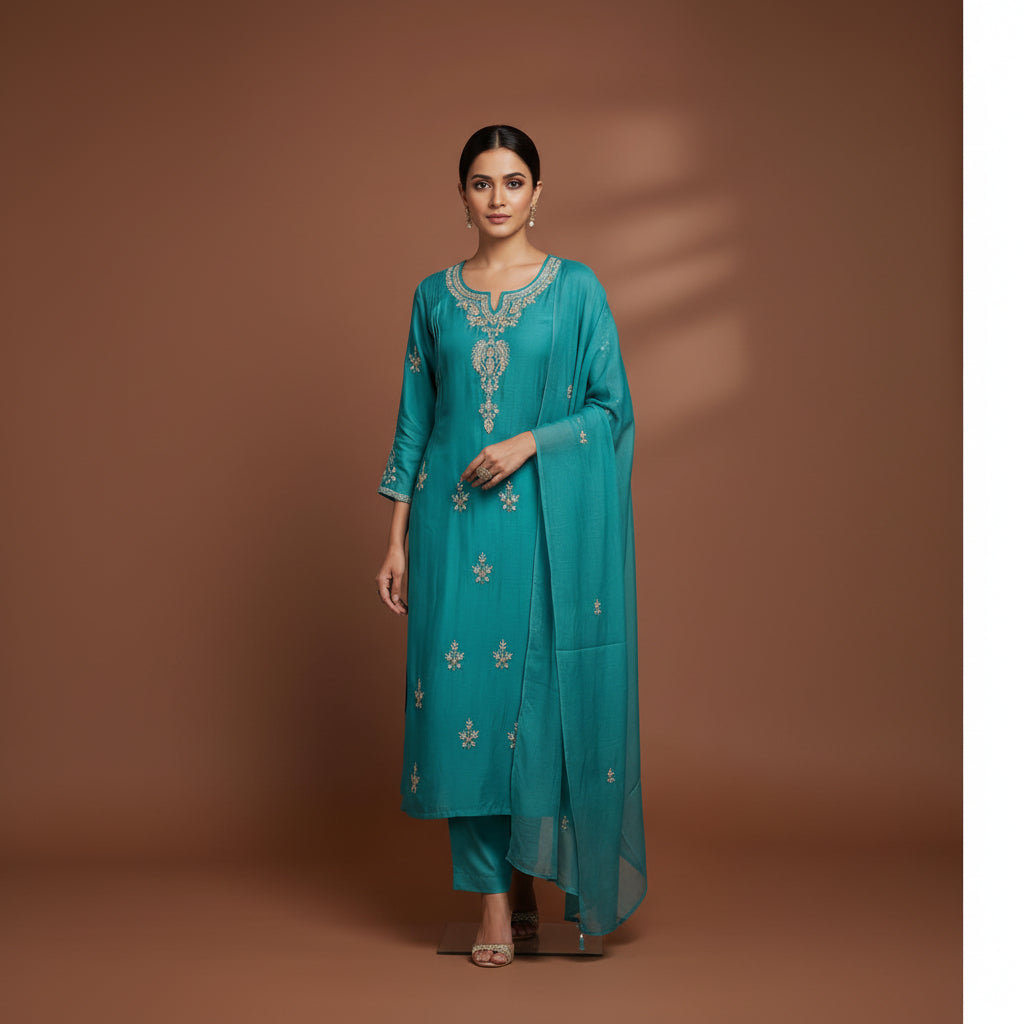 Blue Mul Chanderi Hand Embroidery Anarkali Kurtha 588