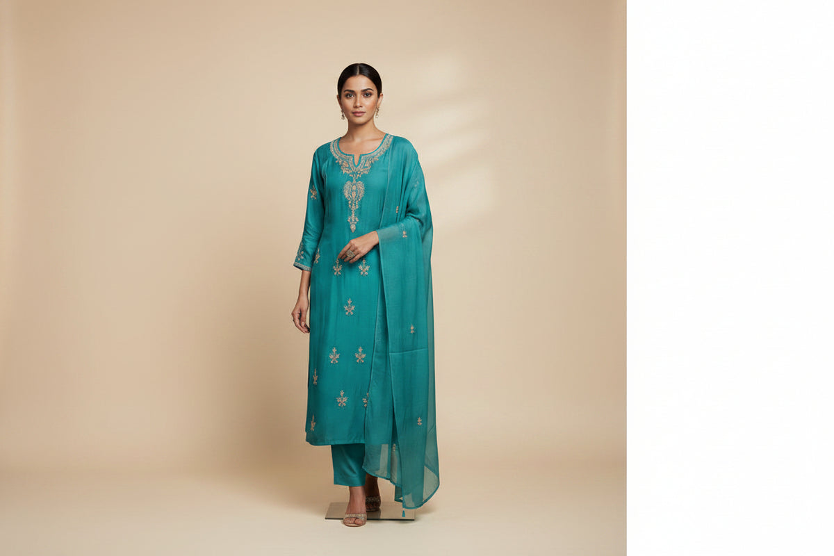 Blue Mul Chanderi Hand Embroidery Anarkali Kurtha 588