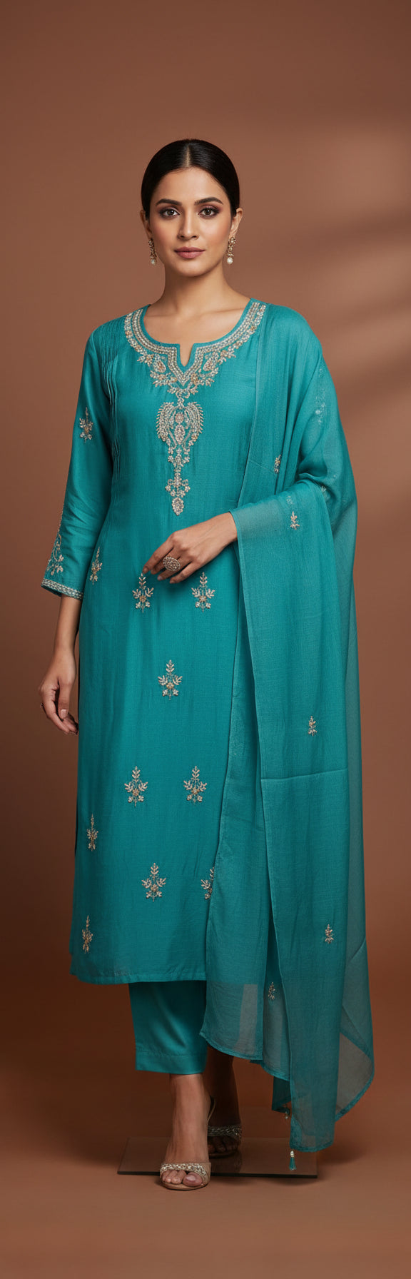 Blue Mul Chanderi Hand Embroidery Anarkali Kurtha 588
