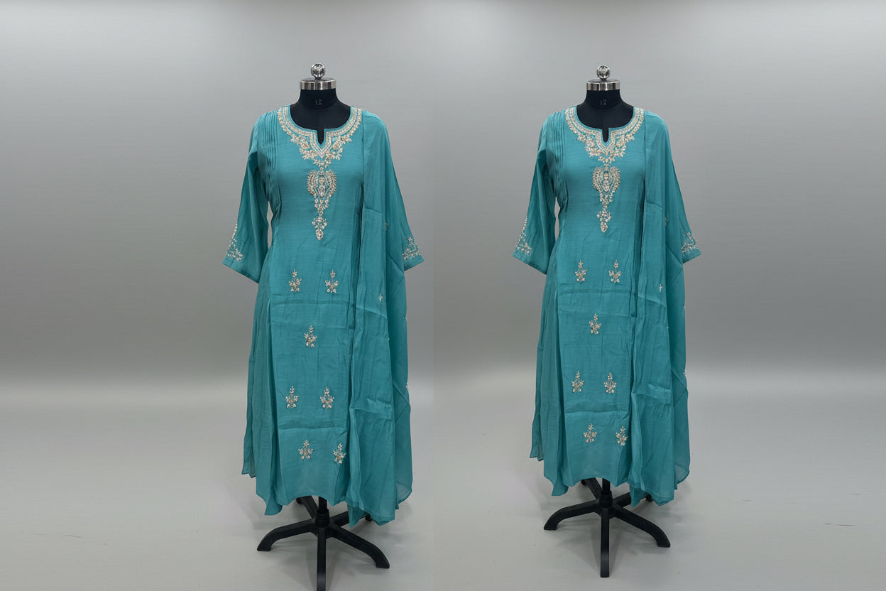 Blue Mul Chanderi Hand Embroidery Anarkali Kurtha 588