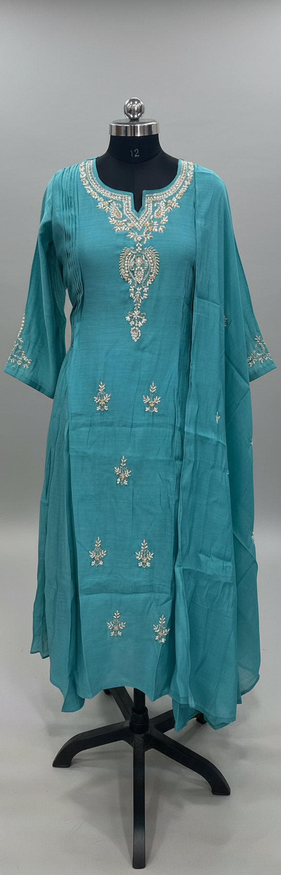Blue Mul Chanderi Hand Embroidery Anarkali Kurtha 588