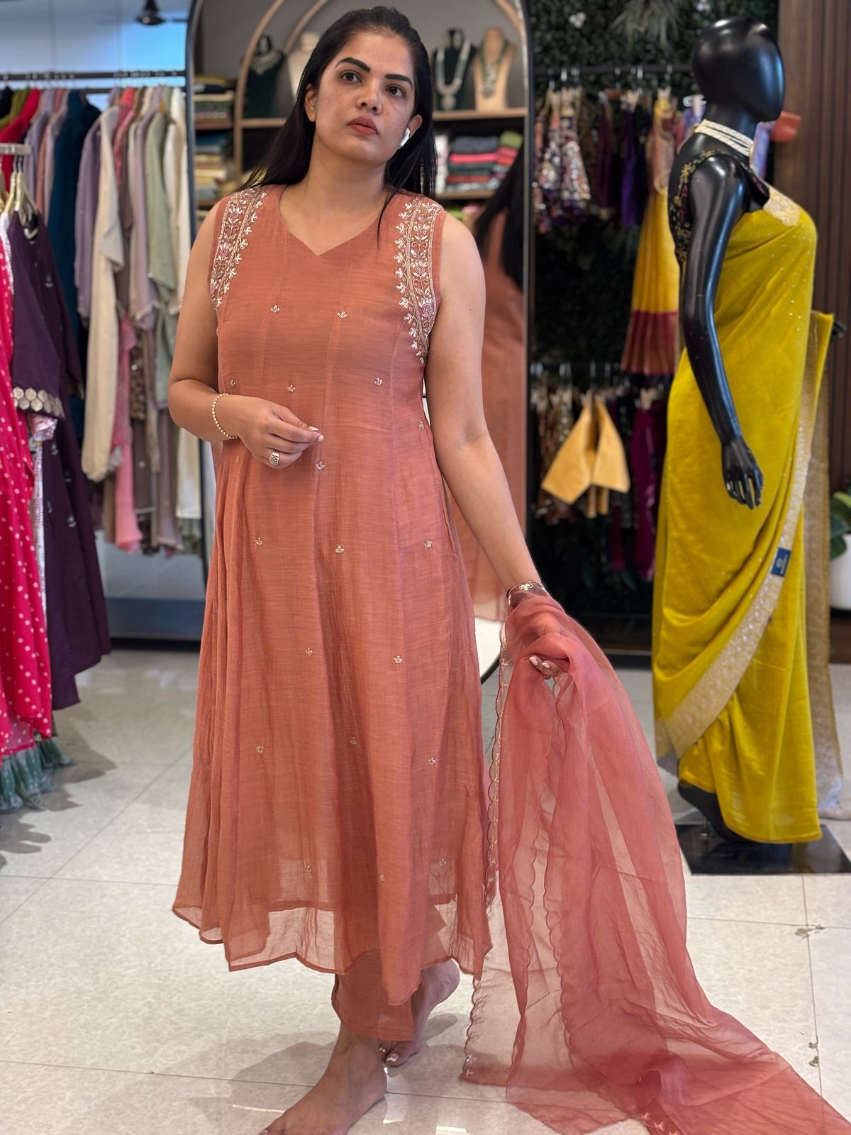 “Pani" Onion Mul Pink Chanderi Silk Anarkali Handwork Kurtha 515