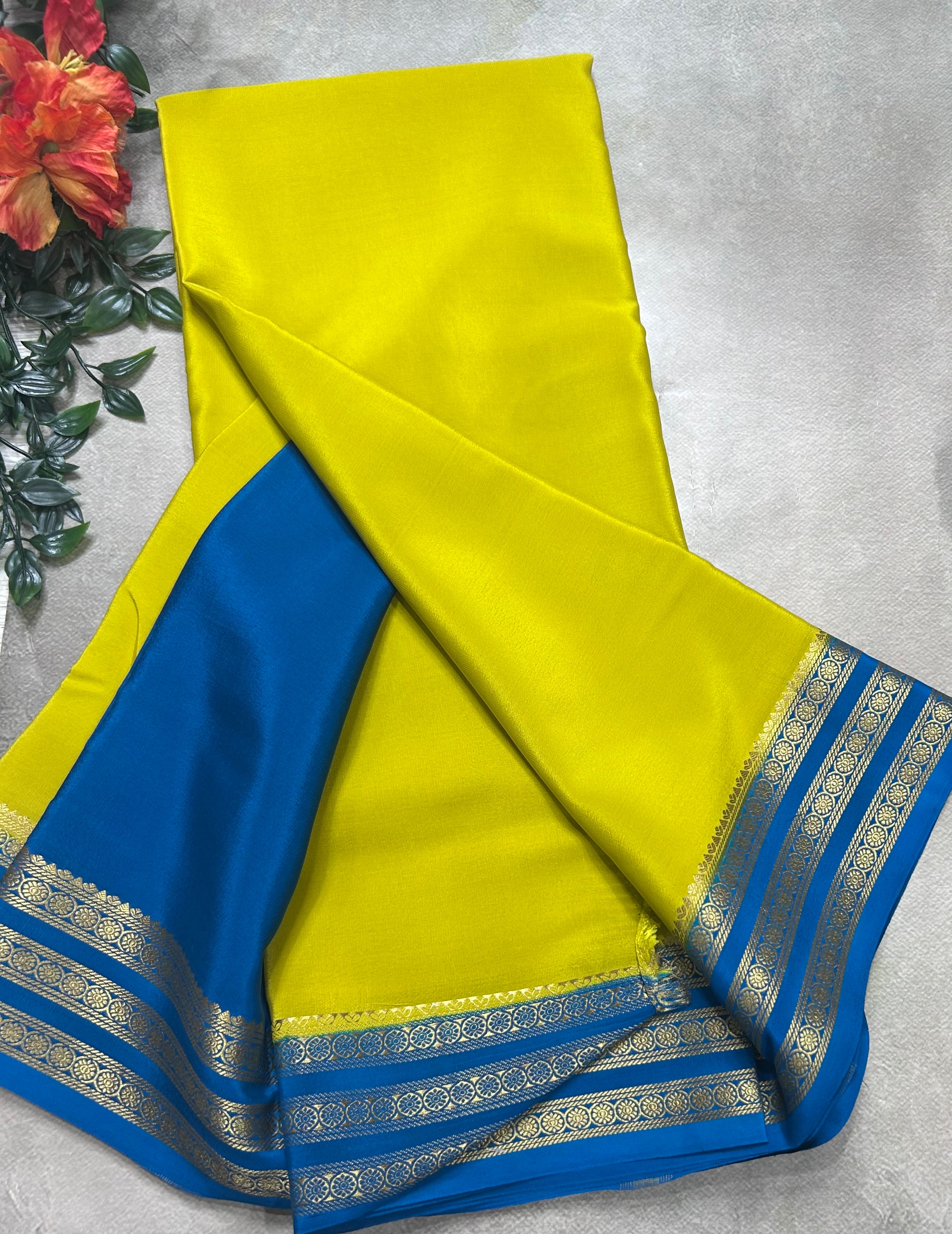Neon yellow small border pure mysore silk saree(MSC106)