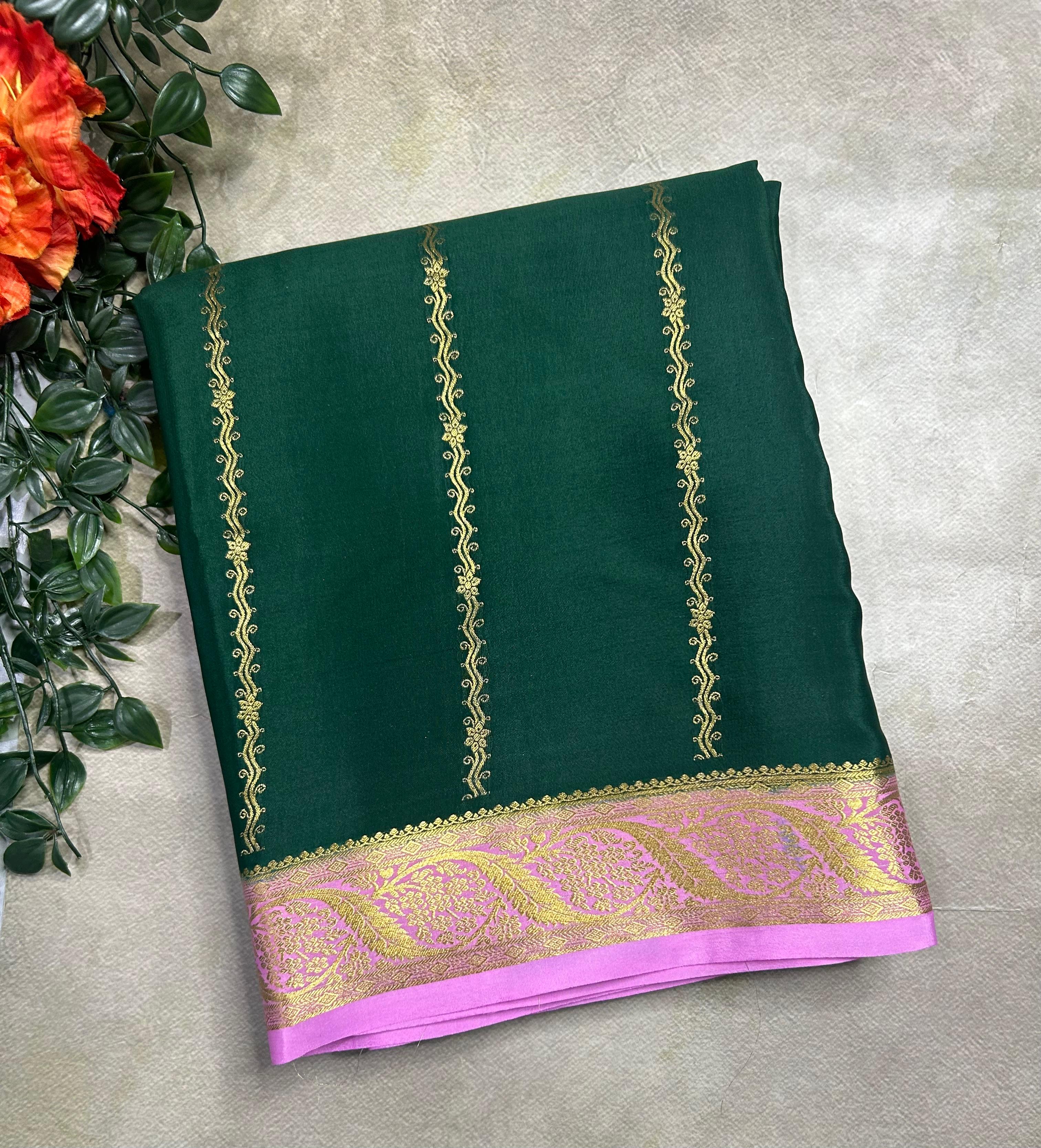 Bottle green stripes pure Mysore silk 106 saree