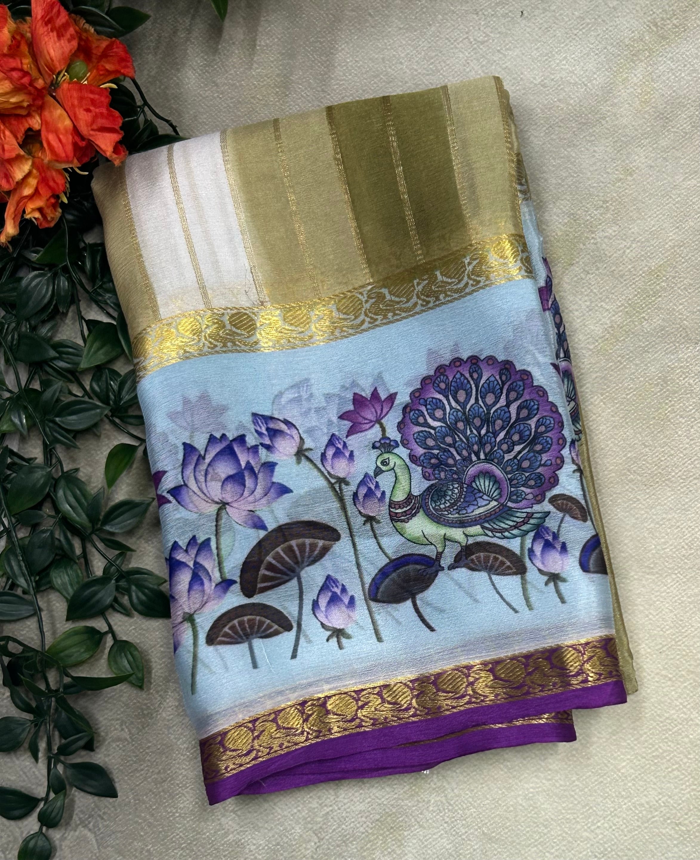 Rankart kalamkari border pure wrinkle 103 crepe silk saree