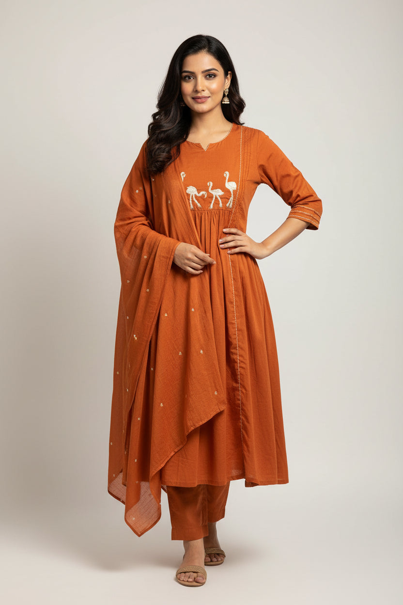 "Fami" Orange Mul Cotton Faminglo Kurtha 0011 set