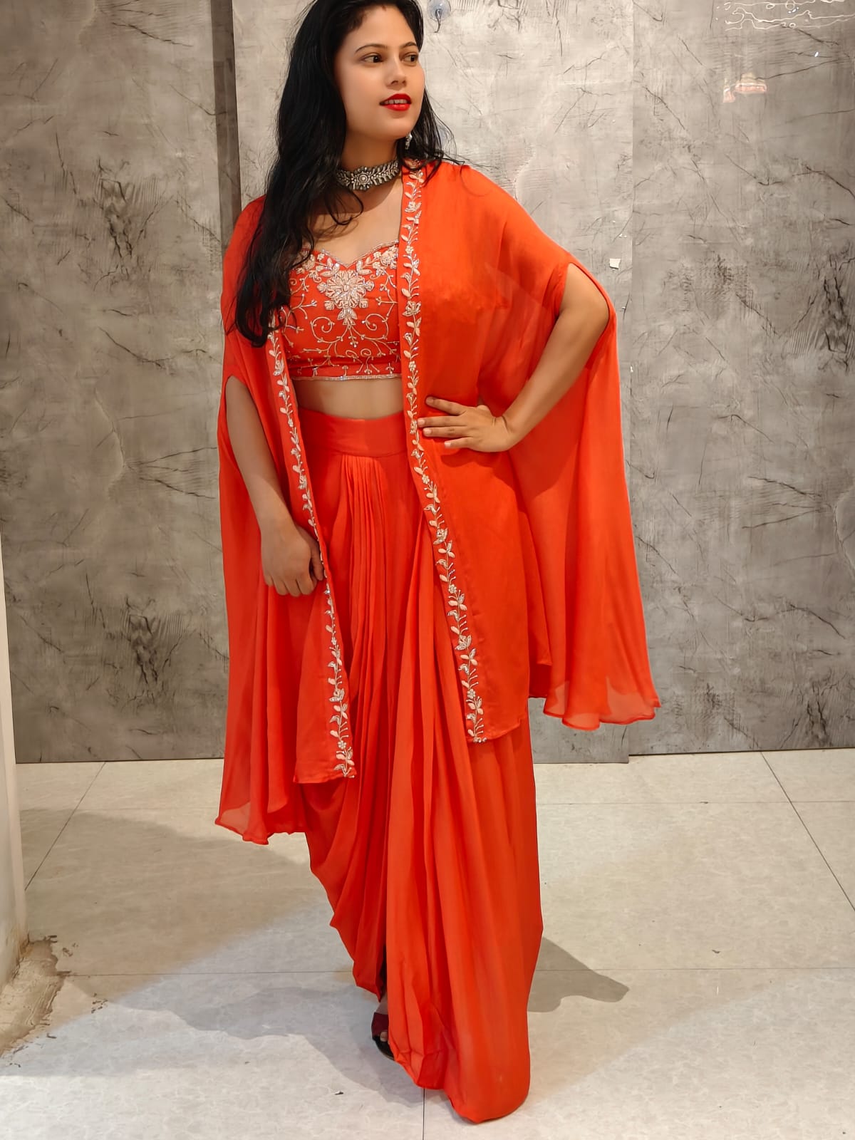 “Pari" Orange Indo-western handwork Top, Skirt and Cape set