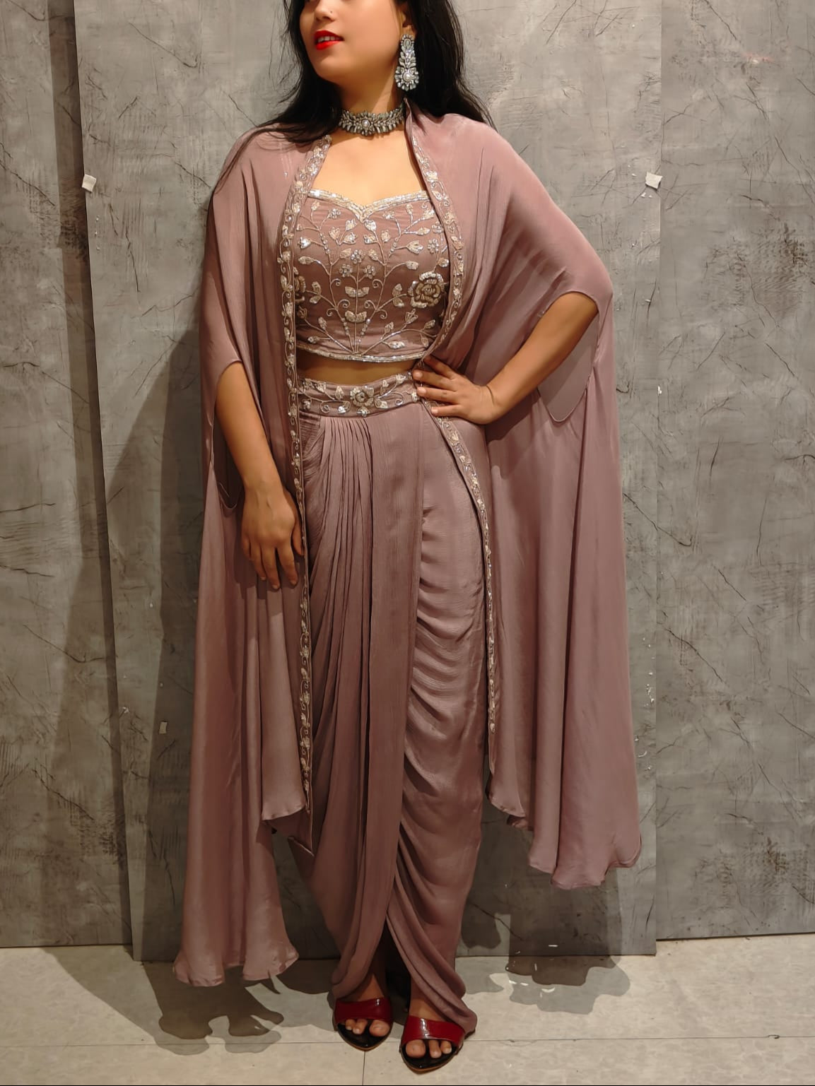 “Pari" Lilac Indo-western handwork Top, Skirt and Cape kurtha 42