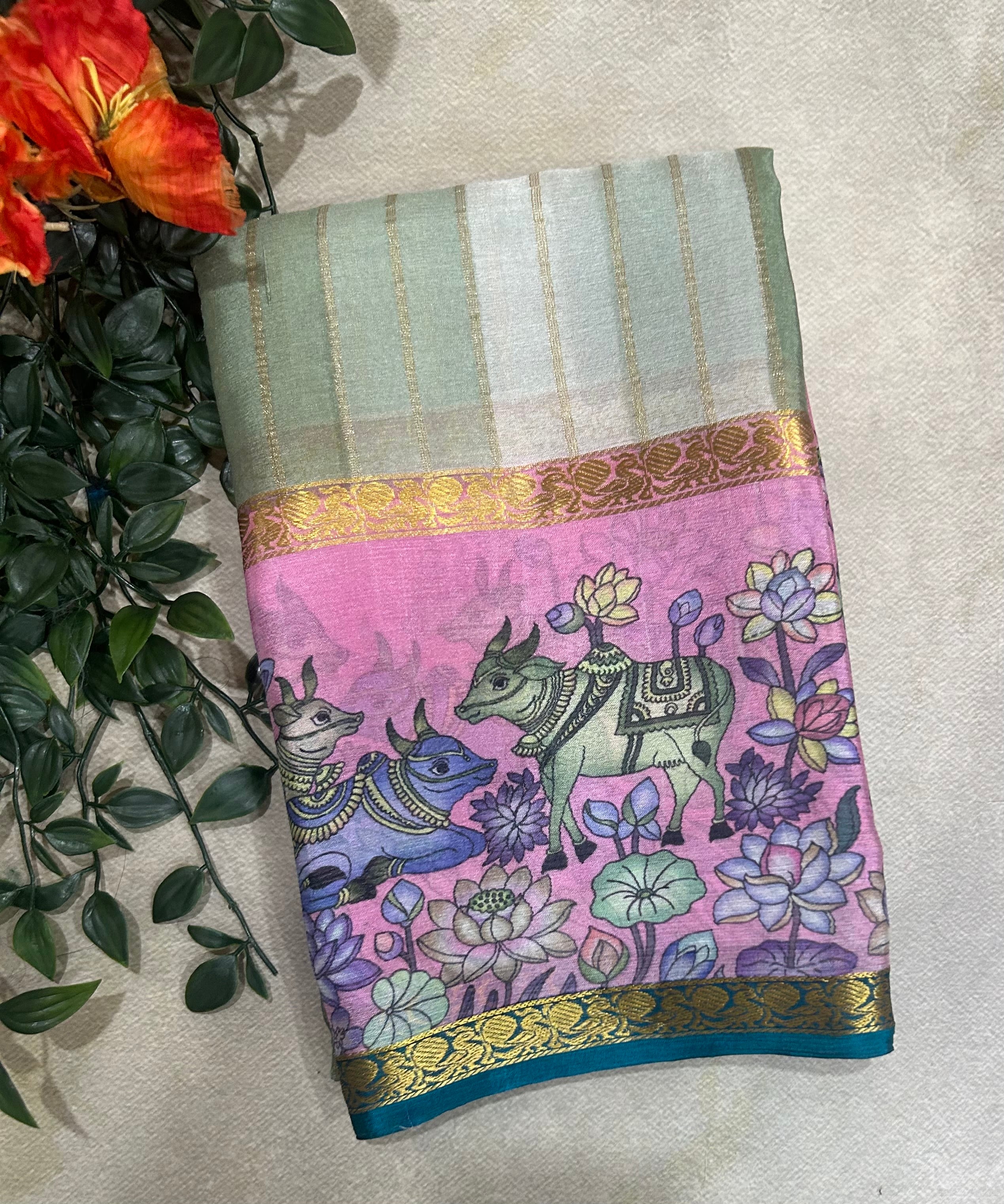 Rankart kalamkari border pure wrinkle 103 crepe silk saree