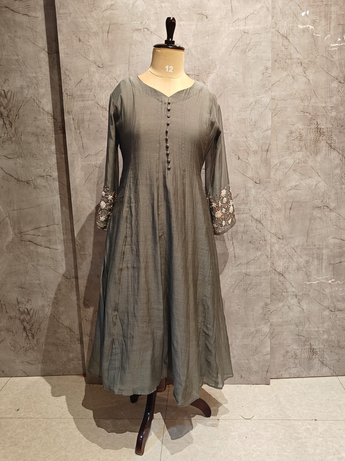 Gray Mul Chanderi Hand Embroidery A Line Kurtha 686