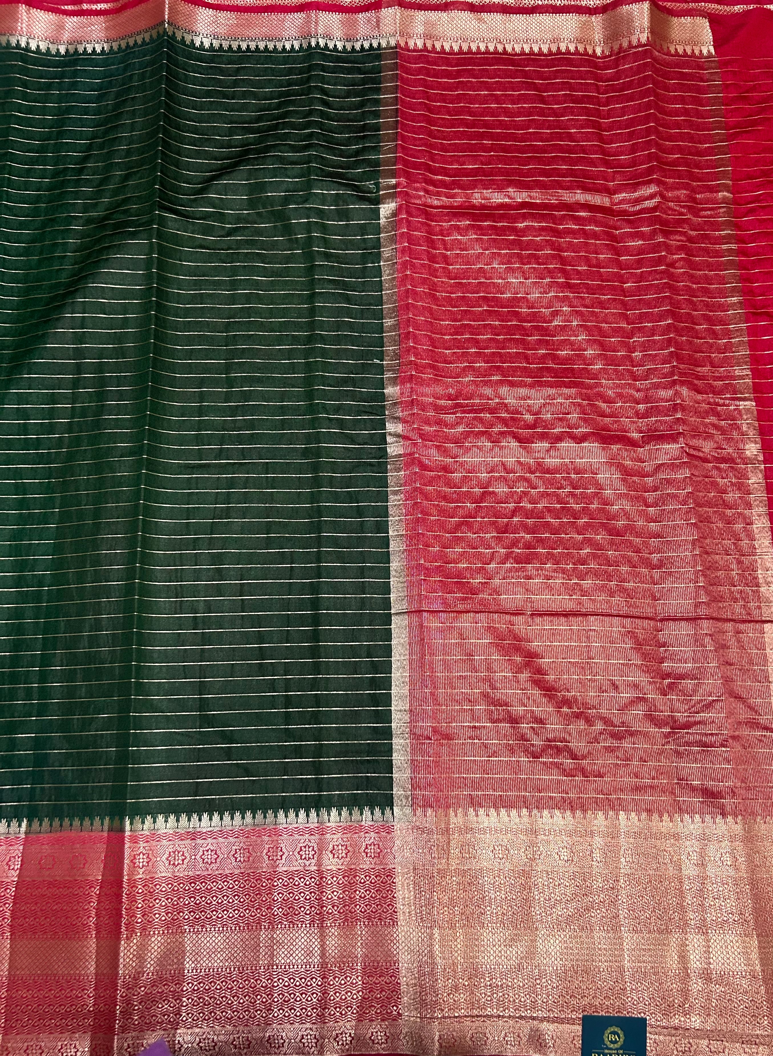 Bottle green long Border stripes semi Silk Saree