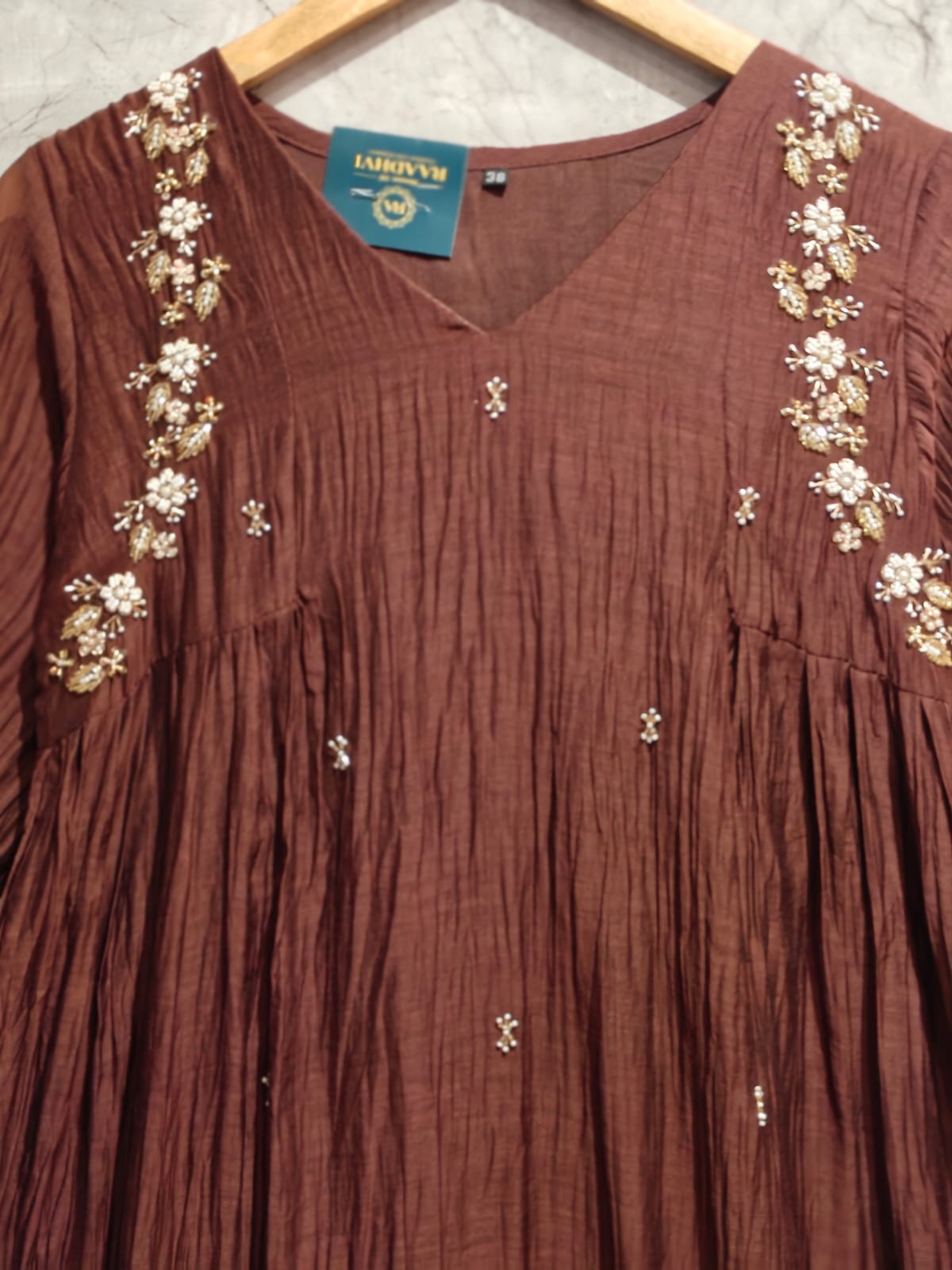 “Pani" Brown Mul Chanderi Silk Anarkali Handwork Kurtha 326