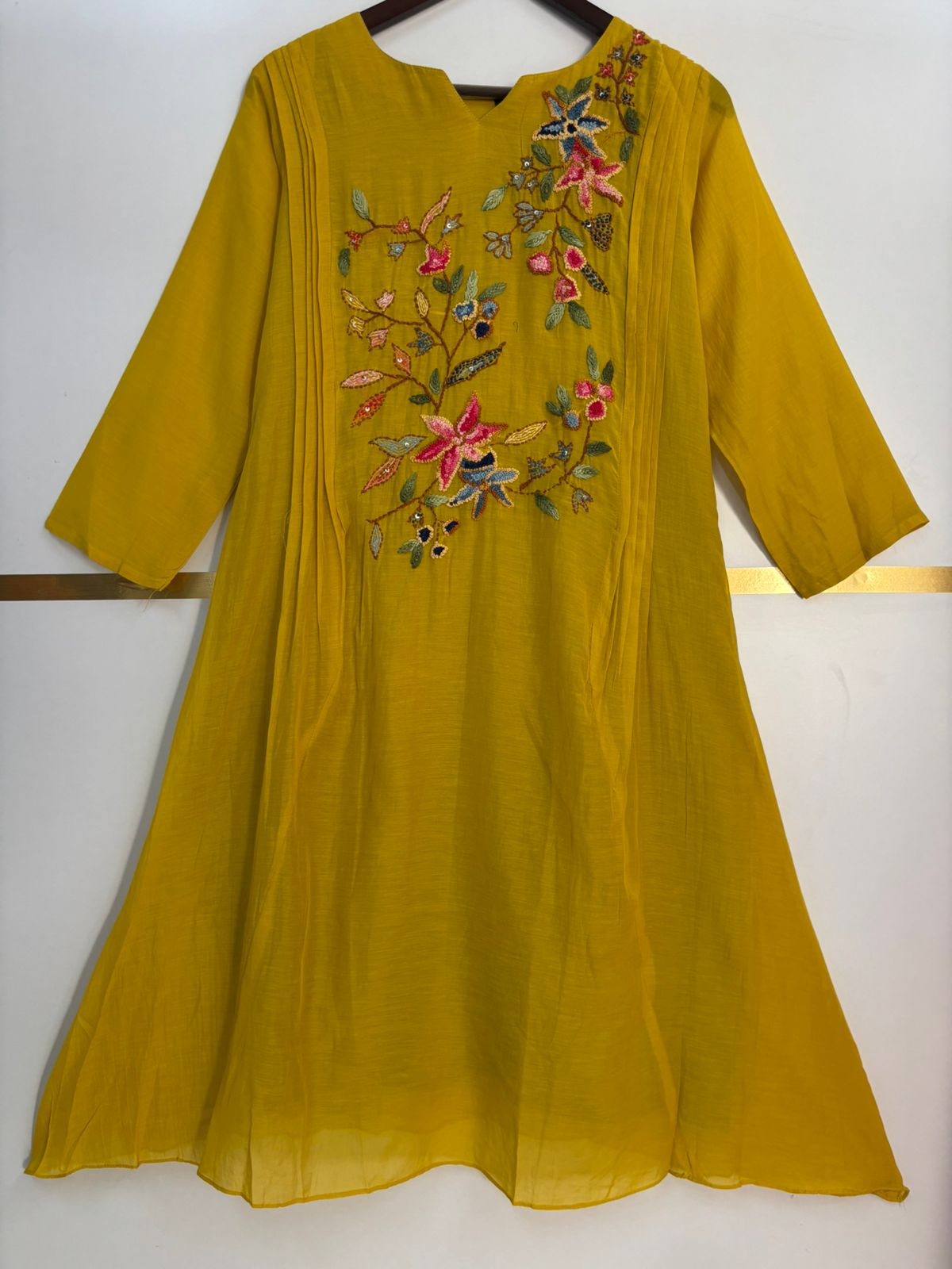 Yellow Mul Chanderi Thread Embroidery Airline Kurtha 483