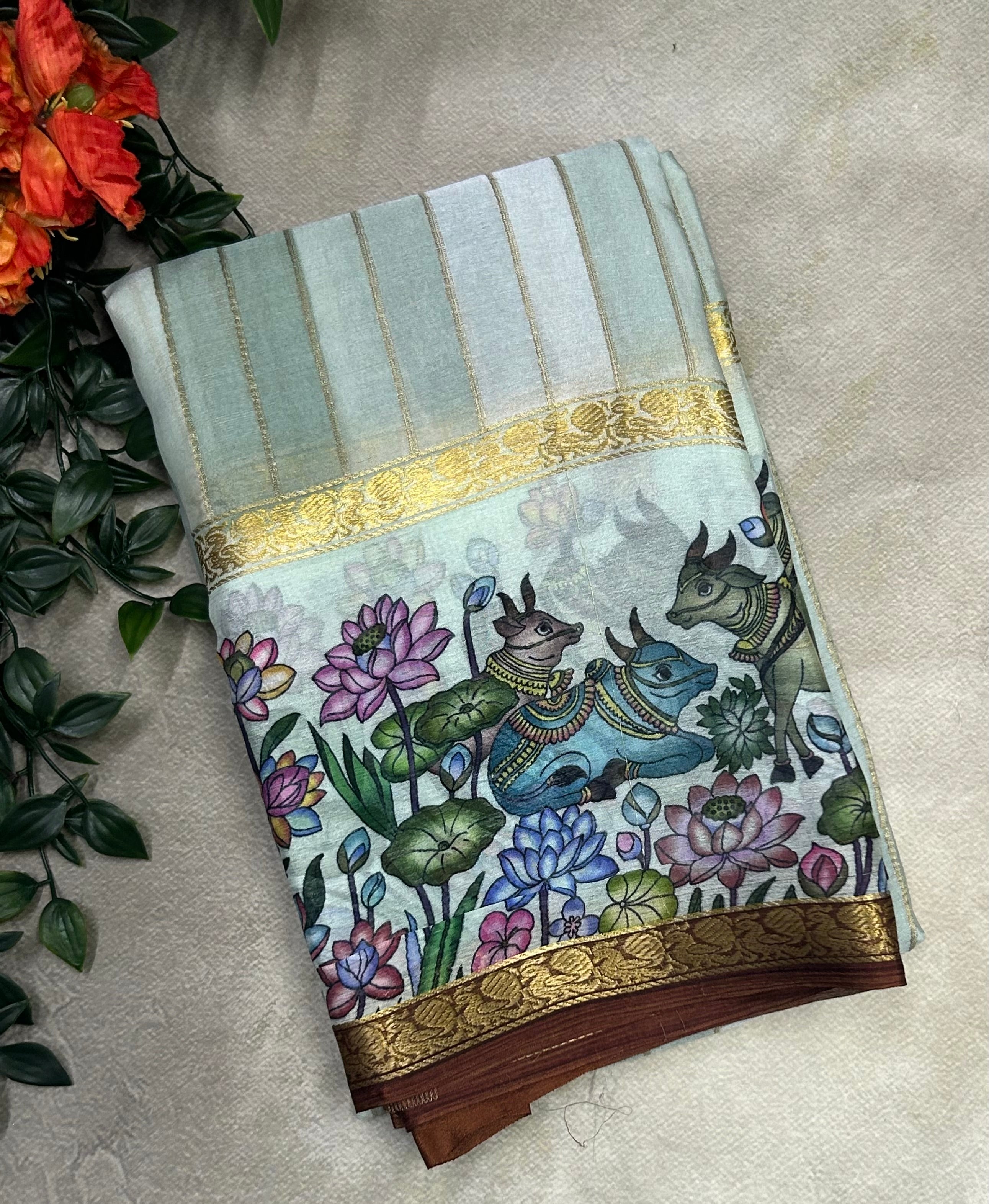 Rankart kalamkari border pure wrinkle 103 crepe silk saree