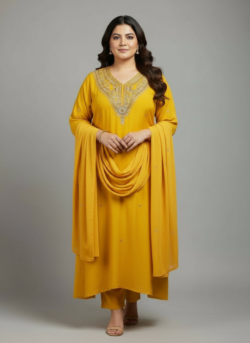 White Dola silk knot work  hand embroidery kurtha Suit set plus size