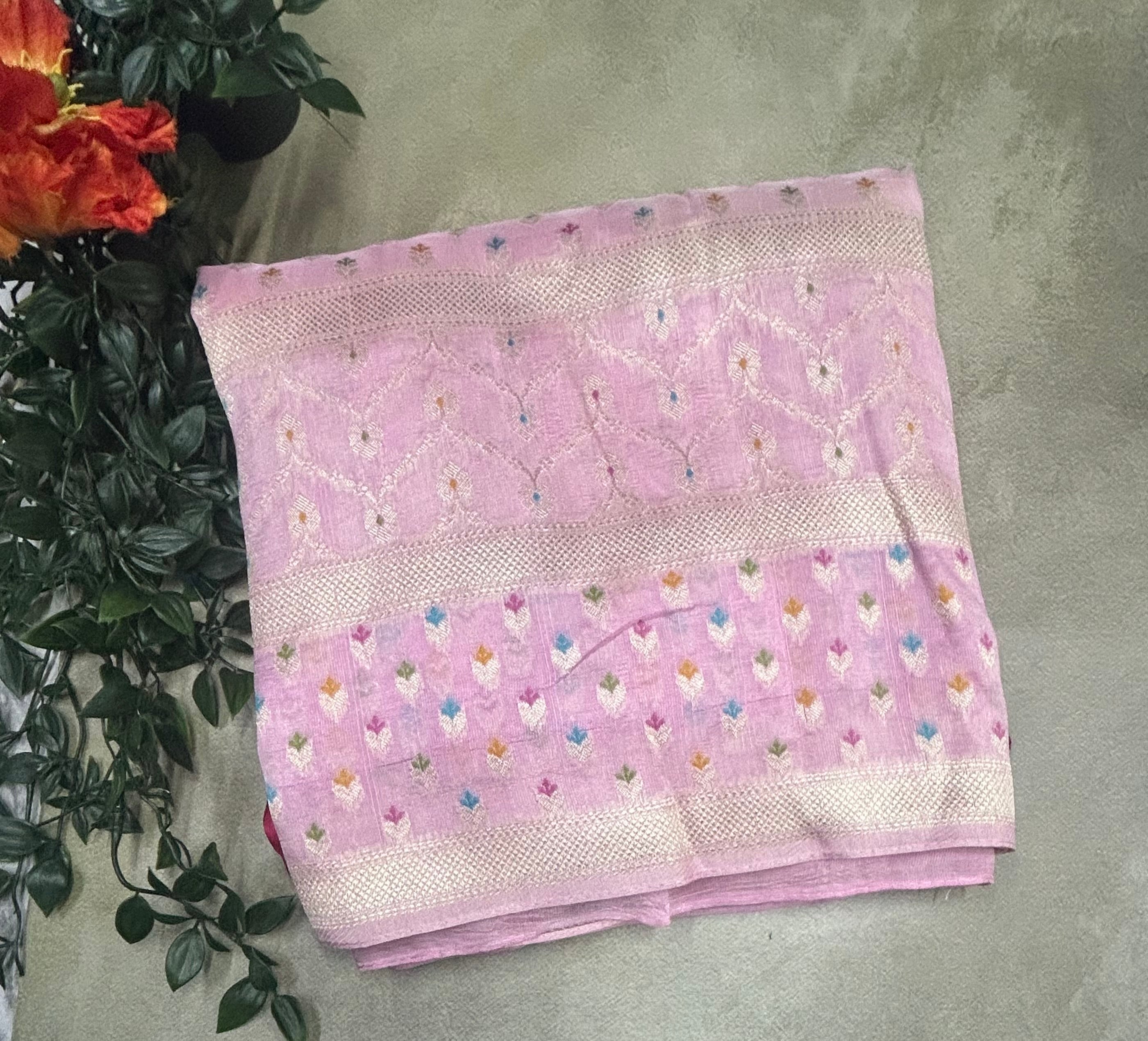 Rani pink n pastel pink long border semi Tussar crepe saree