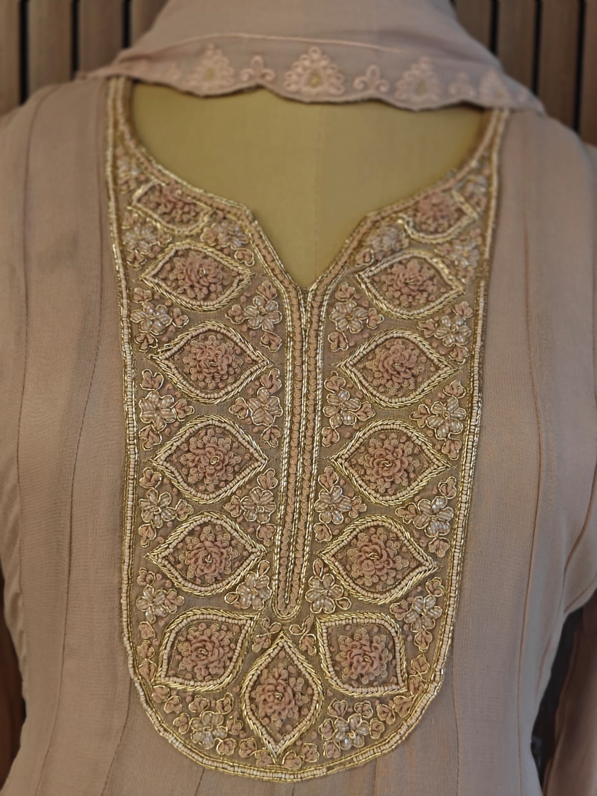 Onion Pink Chinnon Hand Embroidery Gown Kurtha 567