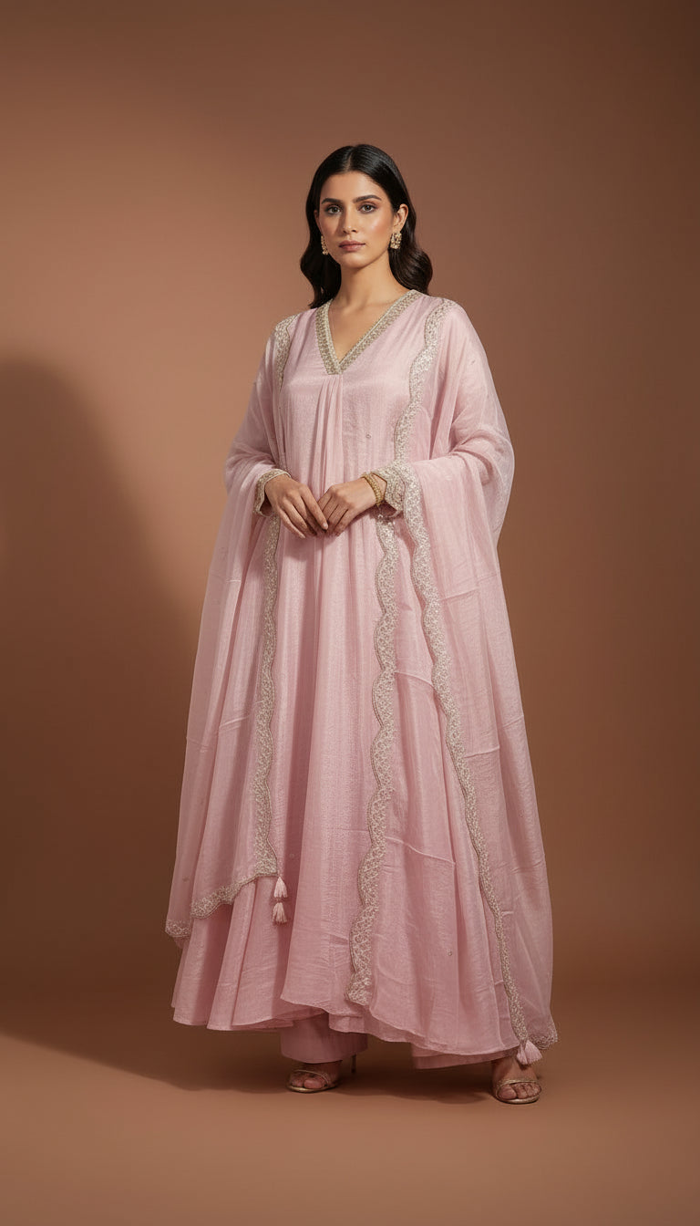 "Piya" Baby Pink Chinnon Handwork Airline Kurtha 345
