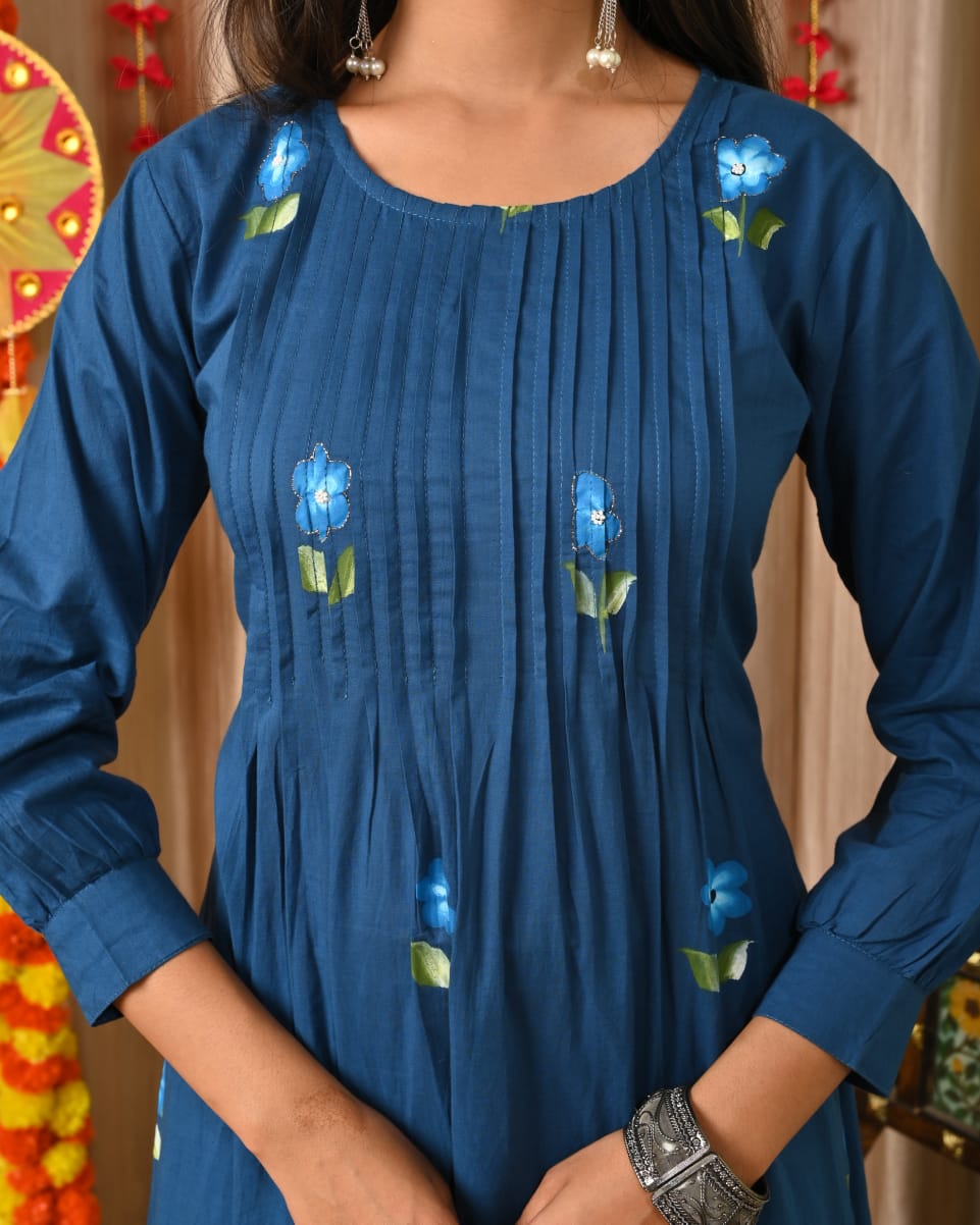 Blue Hand Painted Mul Cotton Airline Kurtha 517