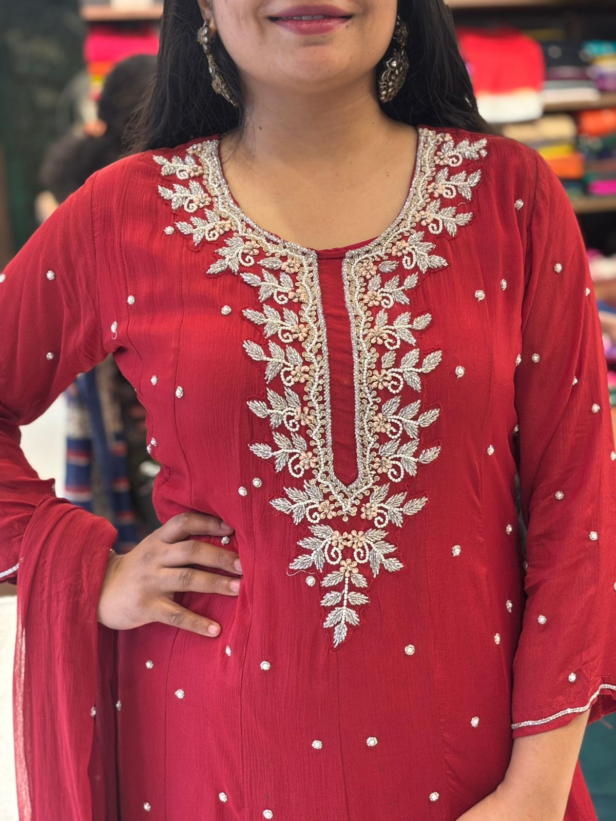 Red Anarkali Chinnon Hand Embroidery Kurtha 567
