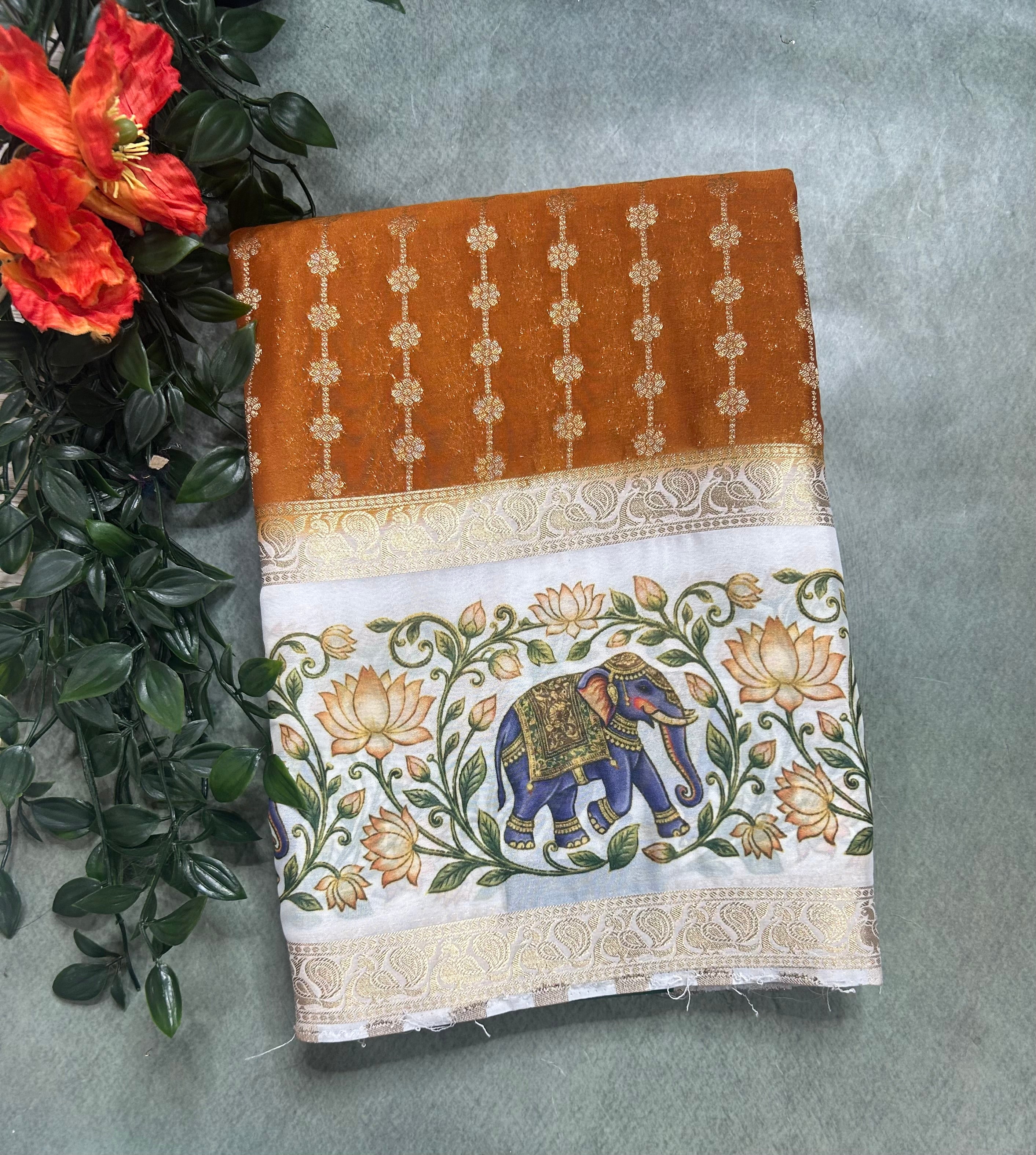 Mustard yellow bentex border printed semi Mysore 105 saree