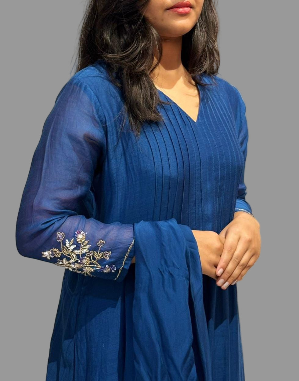 Blue Mul Chanderi Hand Embroidery Anarkali Kurtha 131