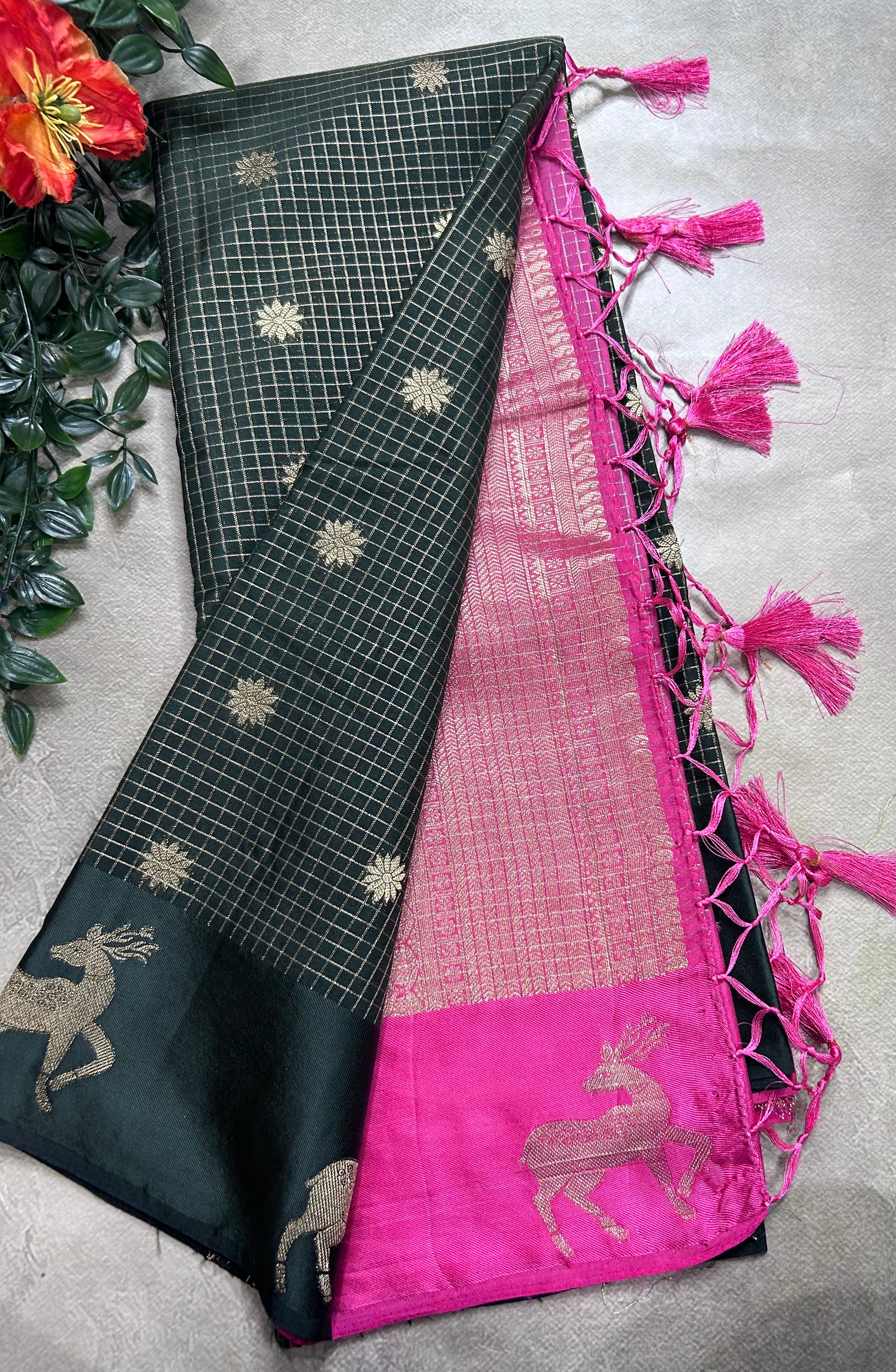 Bottle green small checks semi Mysore crepe 106 saree