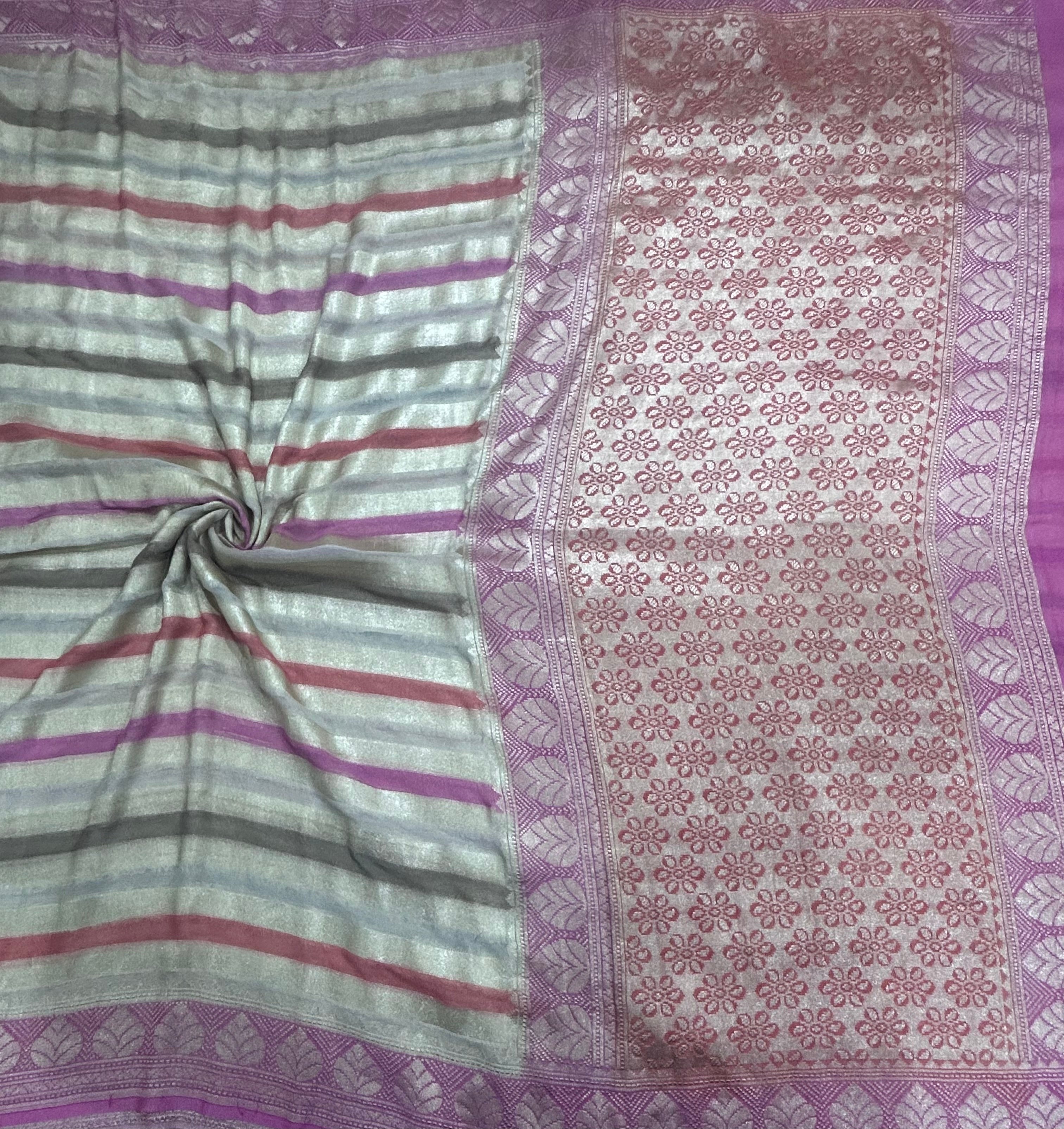 Cream rankart stripes pure Tussar georgette-106 saree