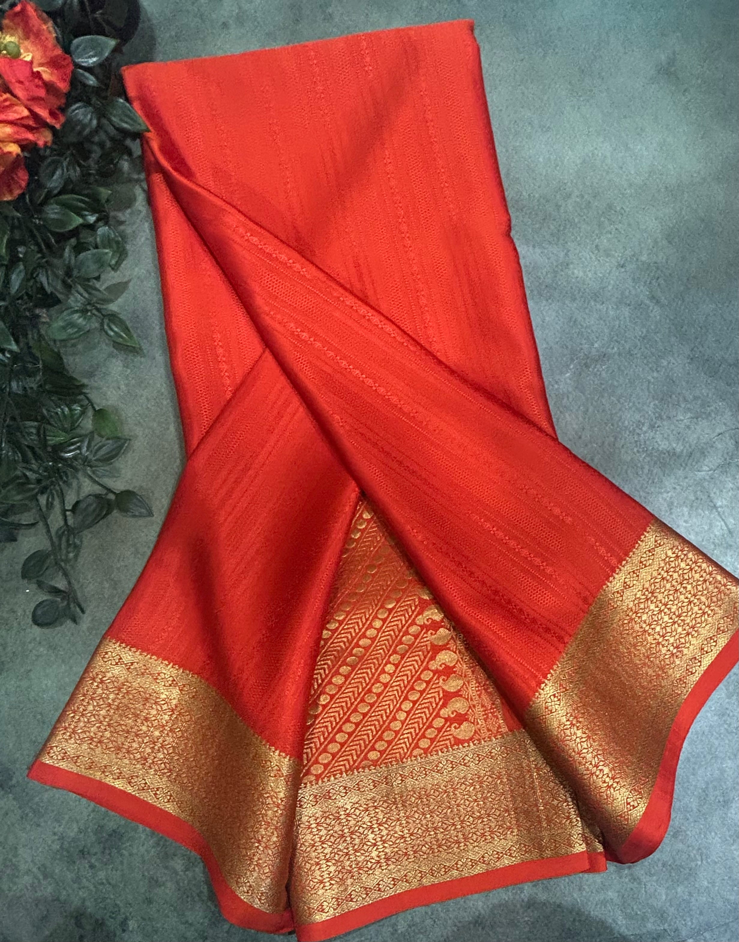 Orange long border embossed pure Mysore silk EMS105 saree