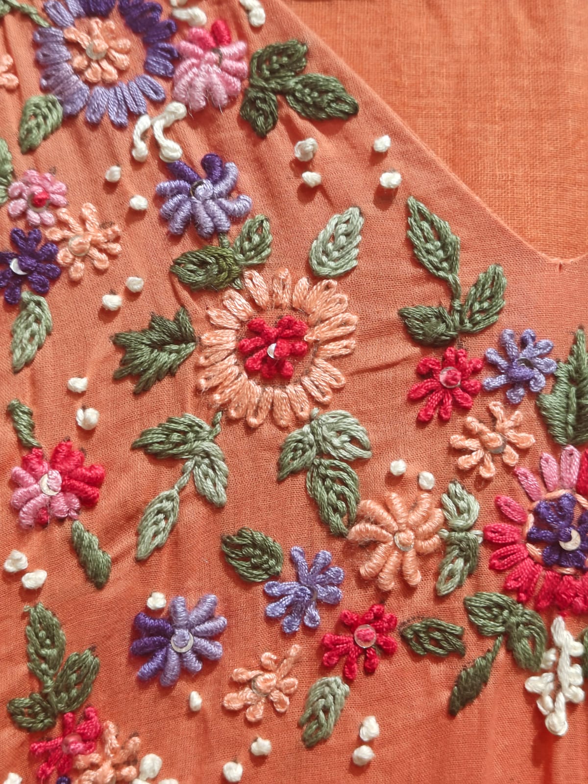 Orange Cotton Hand Embroidery Straight Fit Kurtha 212