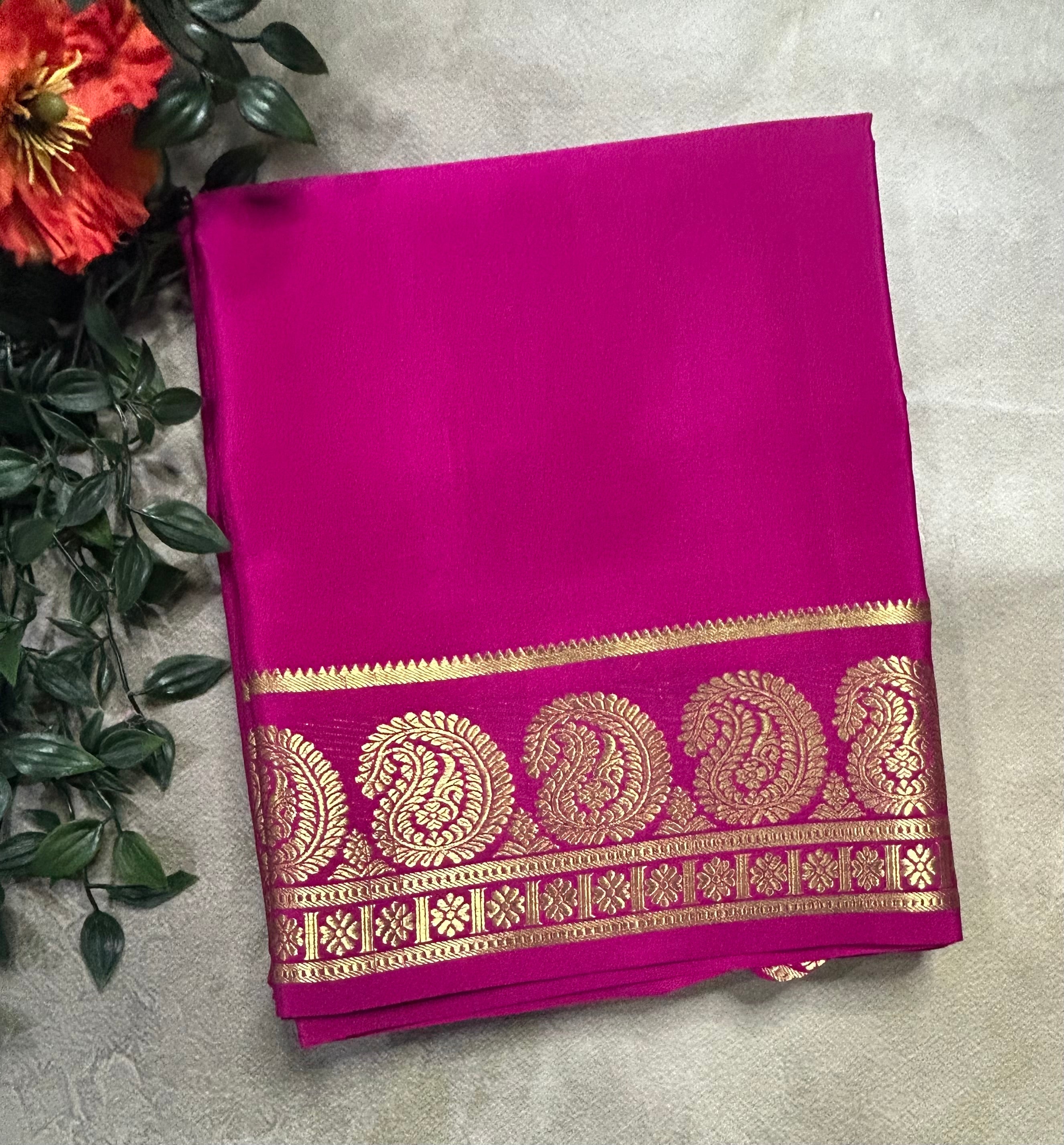 Pink plain mango border pure Mysore silk 105 saree