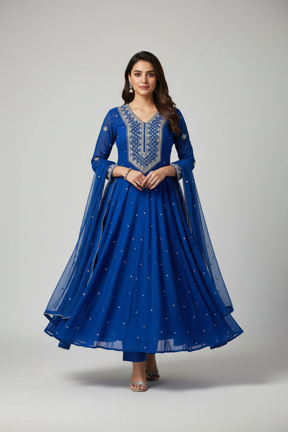 Royal Blue Anarkali chinnon handwork party ware Kurtha 567