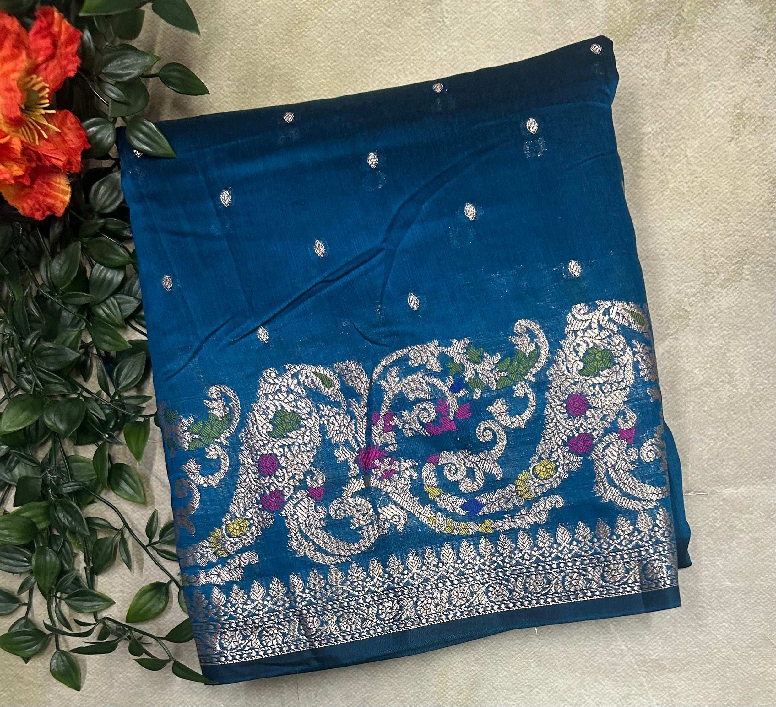 Peacock blue Meena border semi silk saree