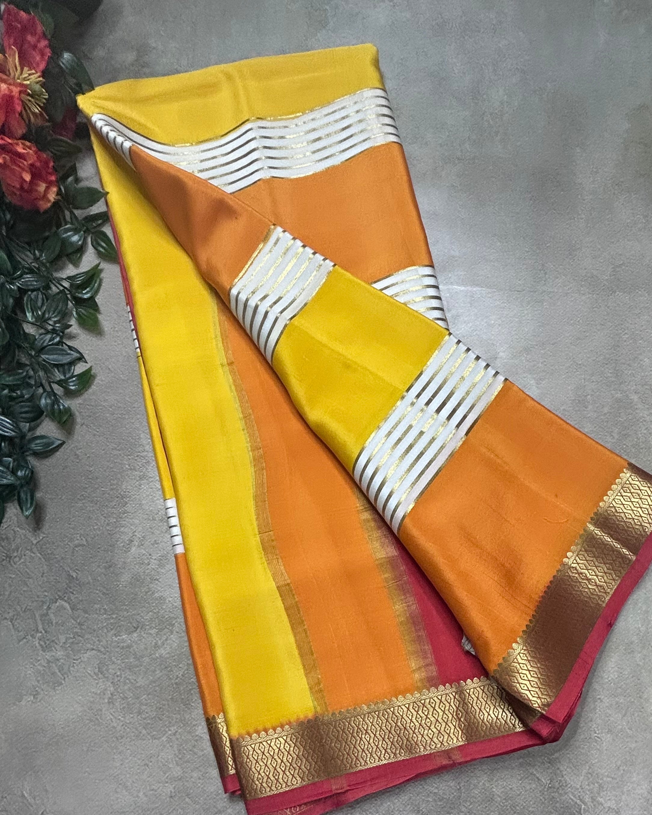 Yellow stripes small border pure mysore silk saree(YMS106)
