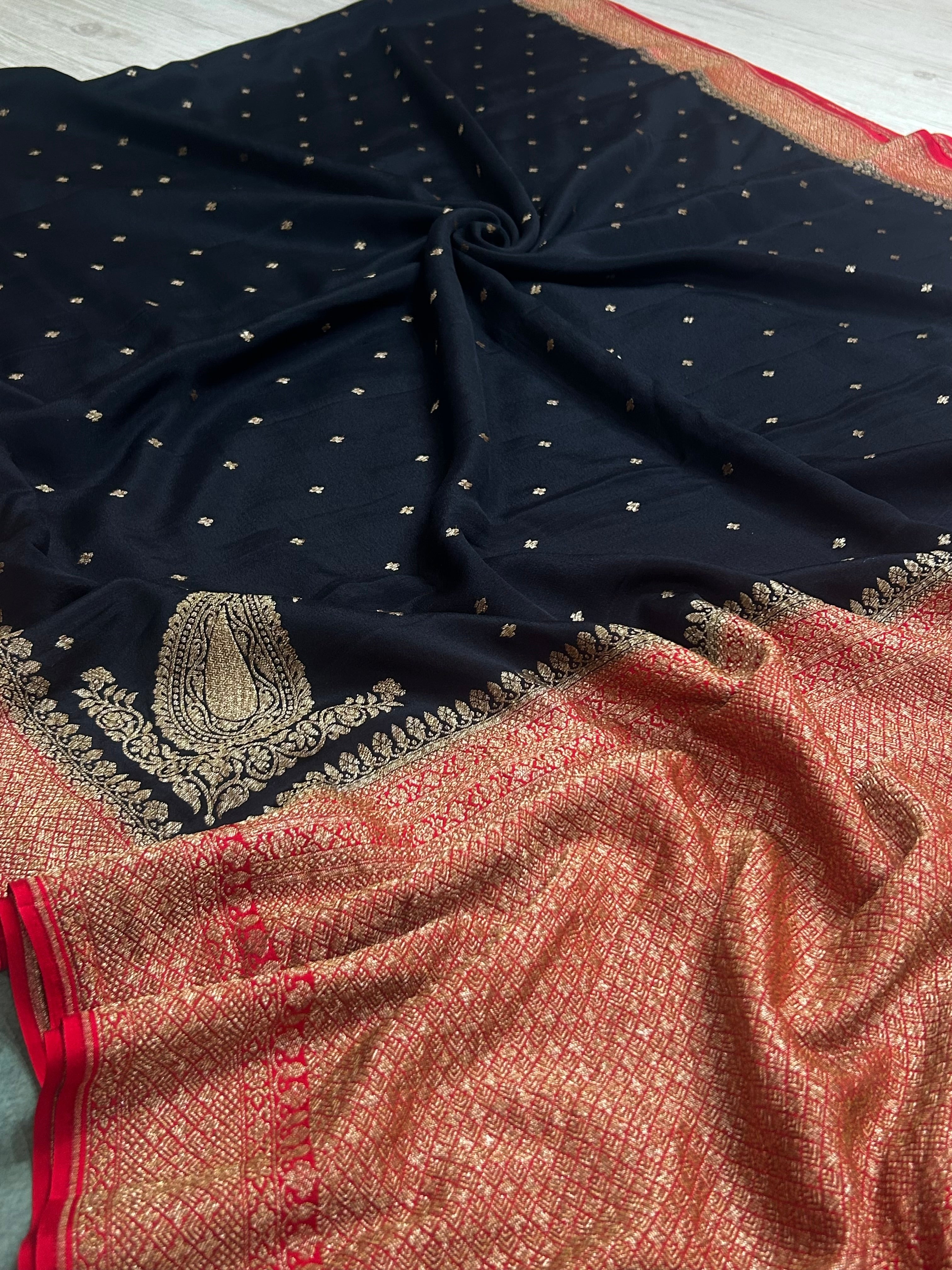 Black n red small Butta pure Benarasi crepe 104 saree