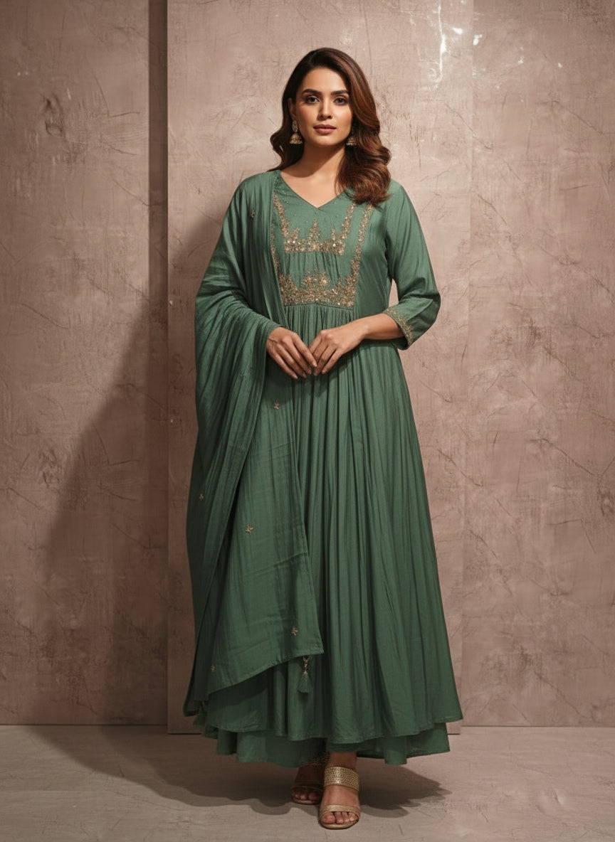 Green Mul Chanderi Silk Anarkali Handwork Kurtha Set 111