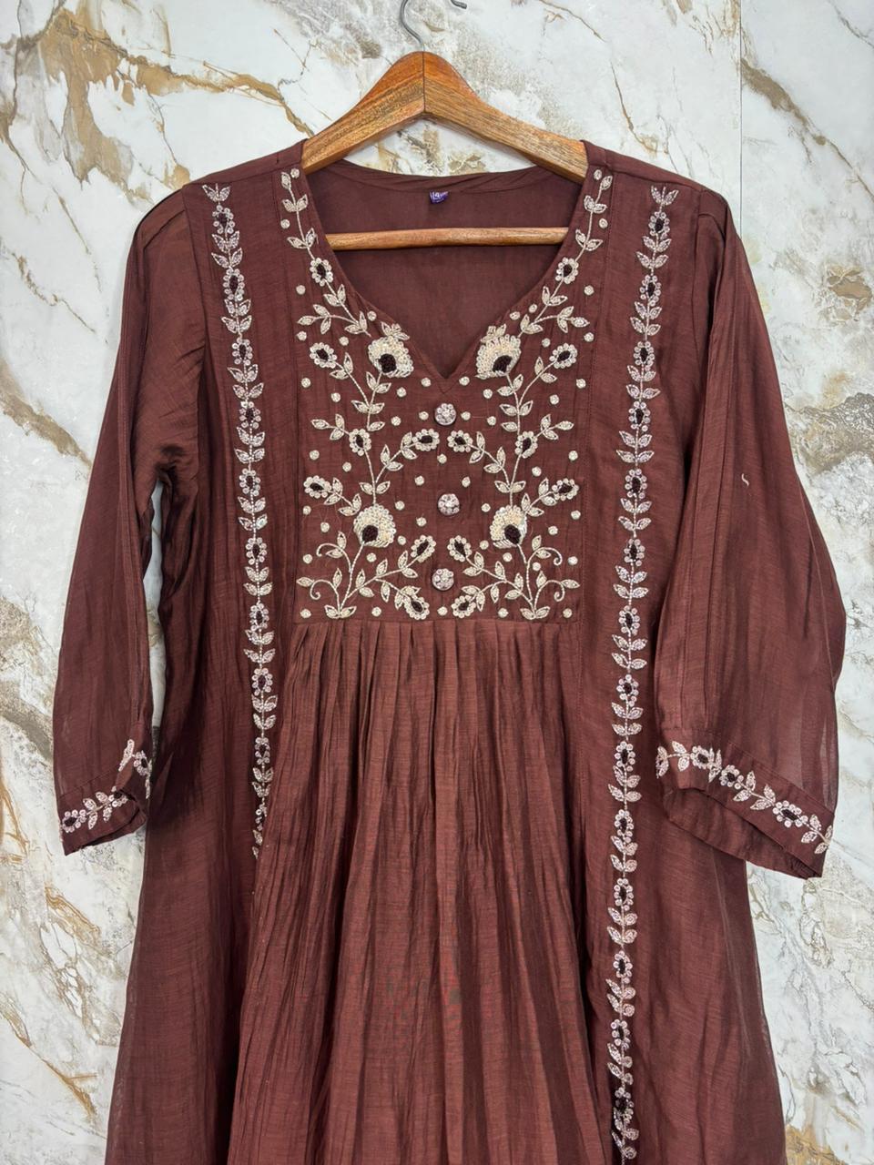 Brown Mul Chanderi Hand Embroidery A Line Kurtha 686