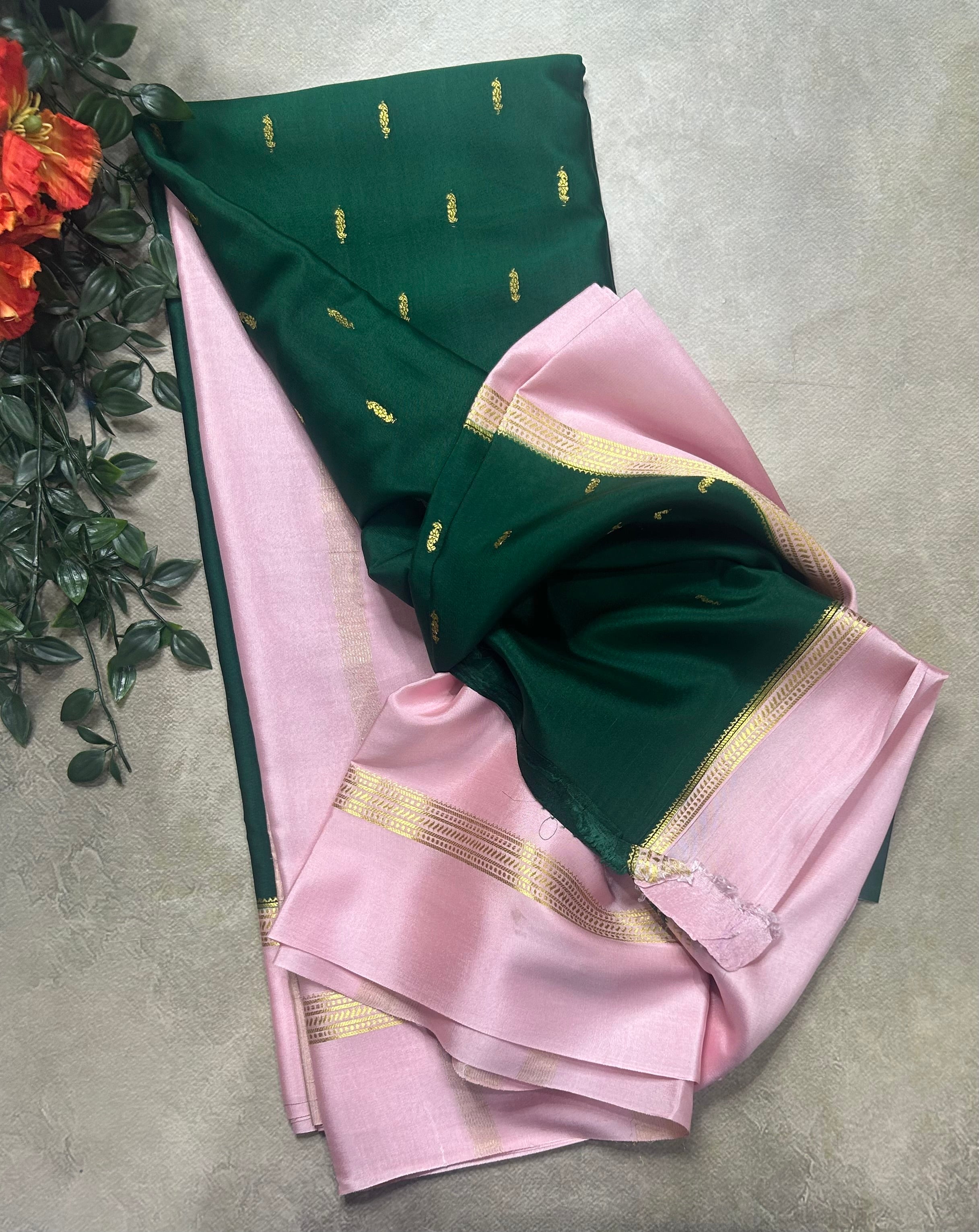 Bottle green contrast border pure Mysore silk 105 saree