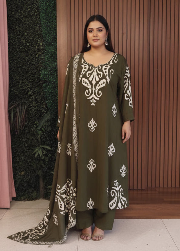 Green Cotton Block Print Airline plus size Kurtha