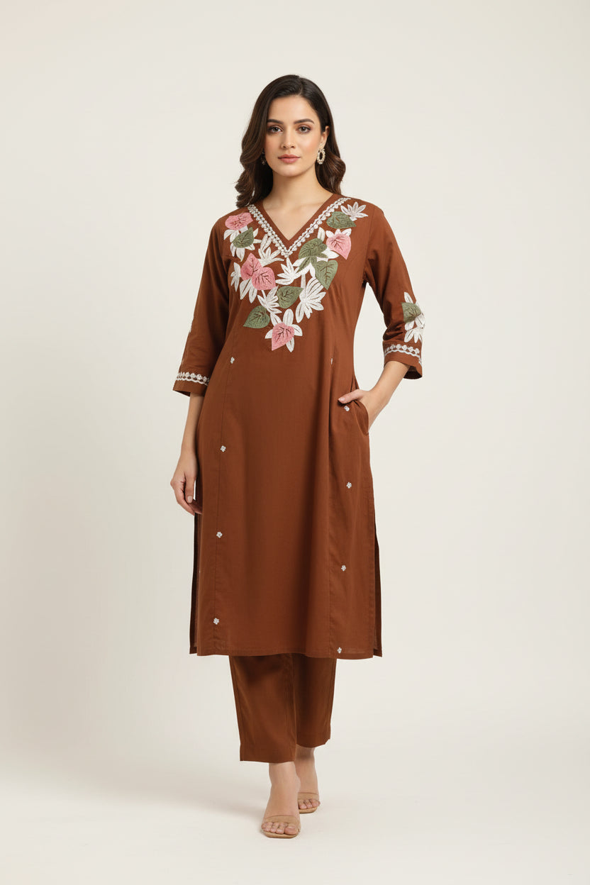 Brown Cotton Hand Embroidery Airline Kurtha 384