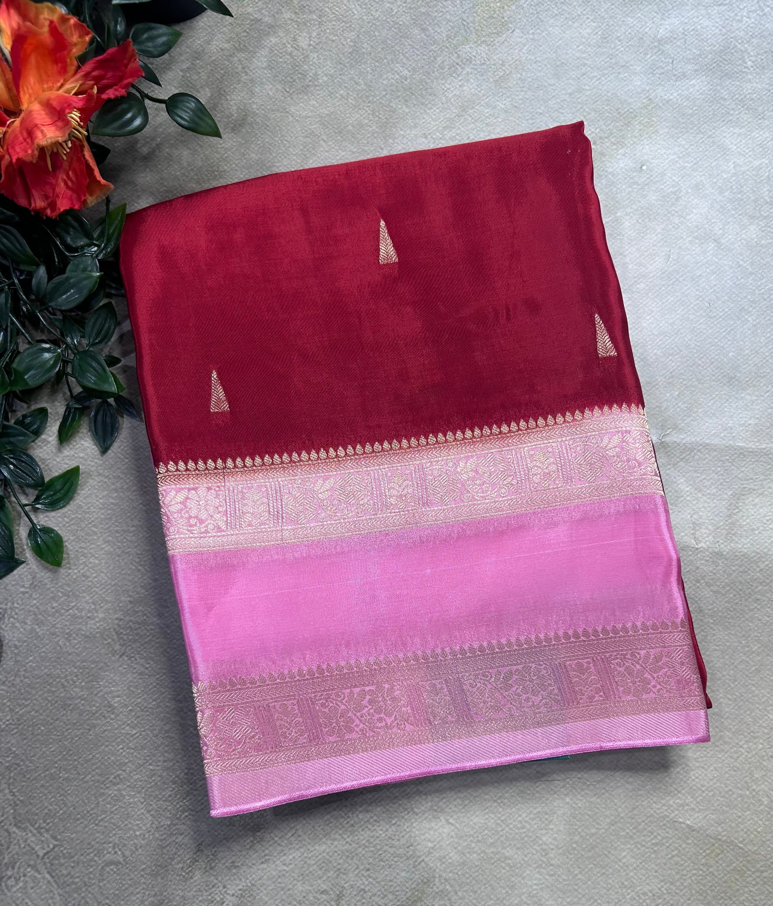 Red contrast bentex border semi Mysore crepe 106 saree
