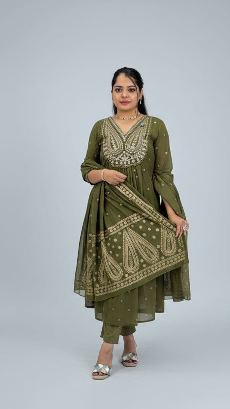 Green Cotton Hand Embroidery Airline Kurtha 677