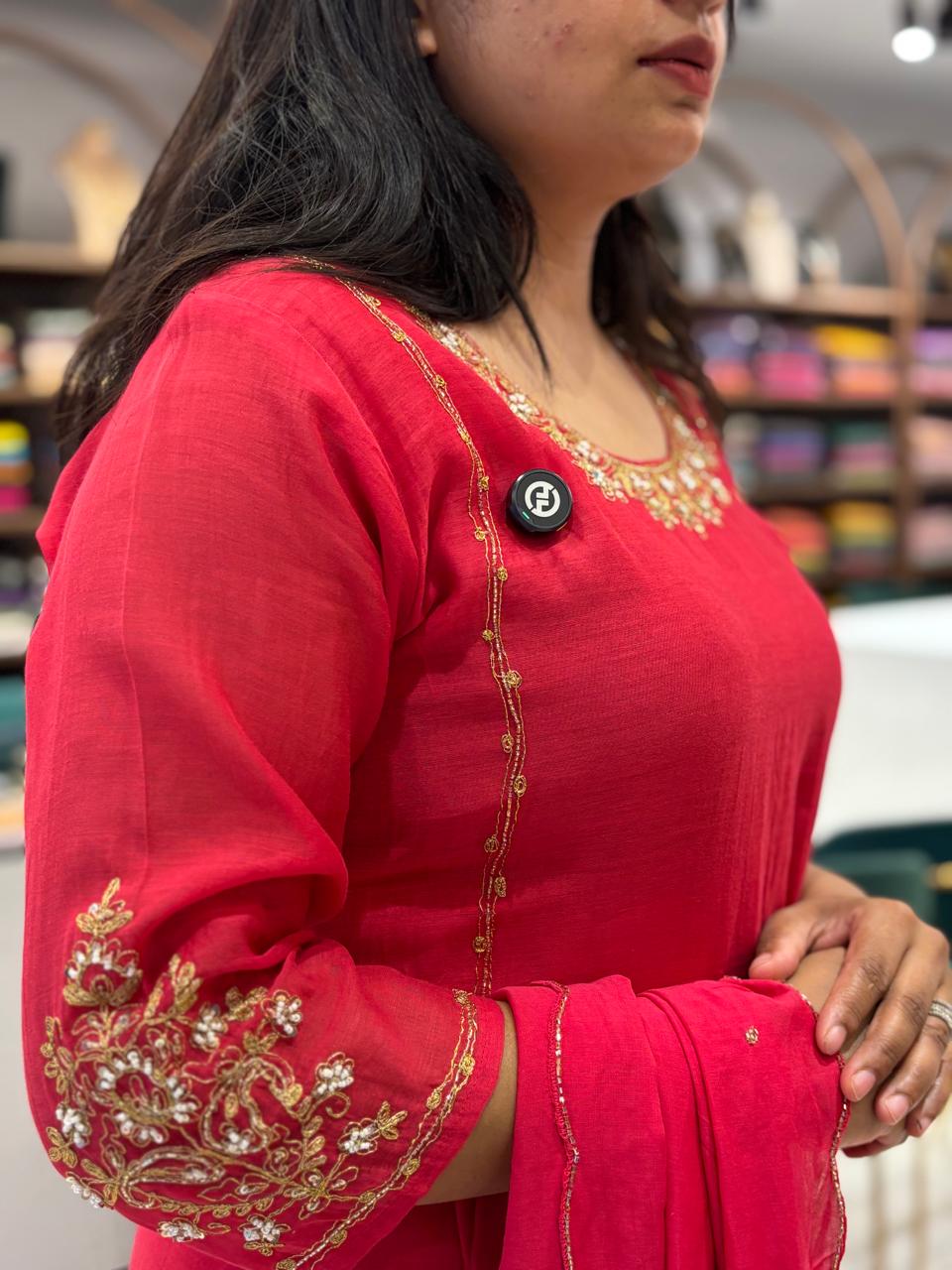 Pink Mul Chanderi Hand Embroidery A Line Kurtha 686