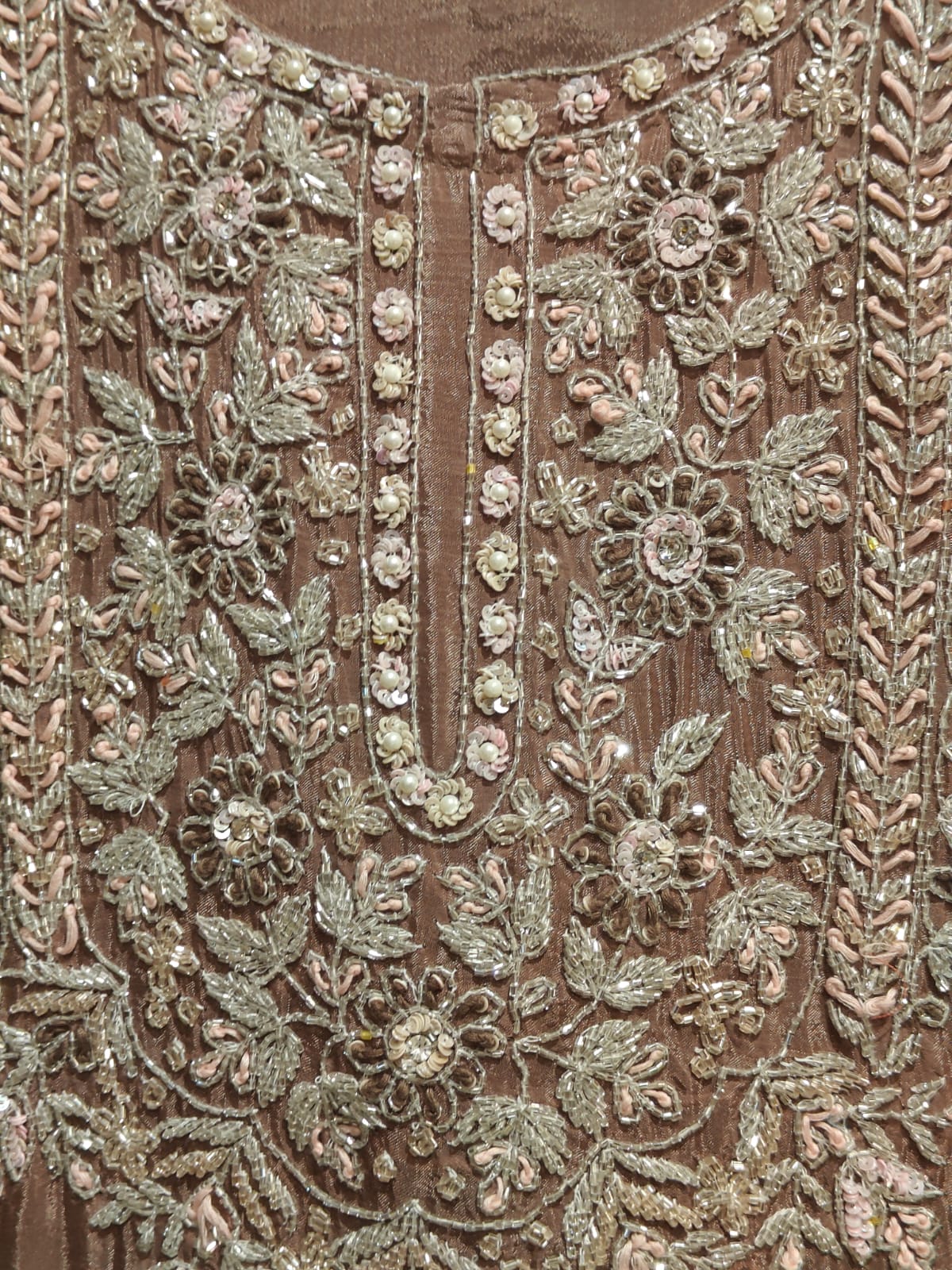 Brown Chinnon Hand Embroidery Sharara Kurtha