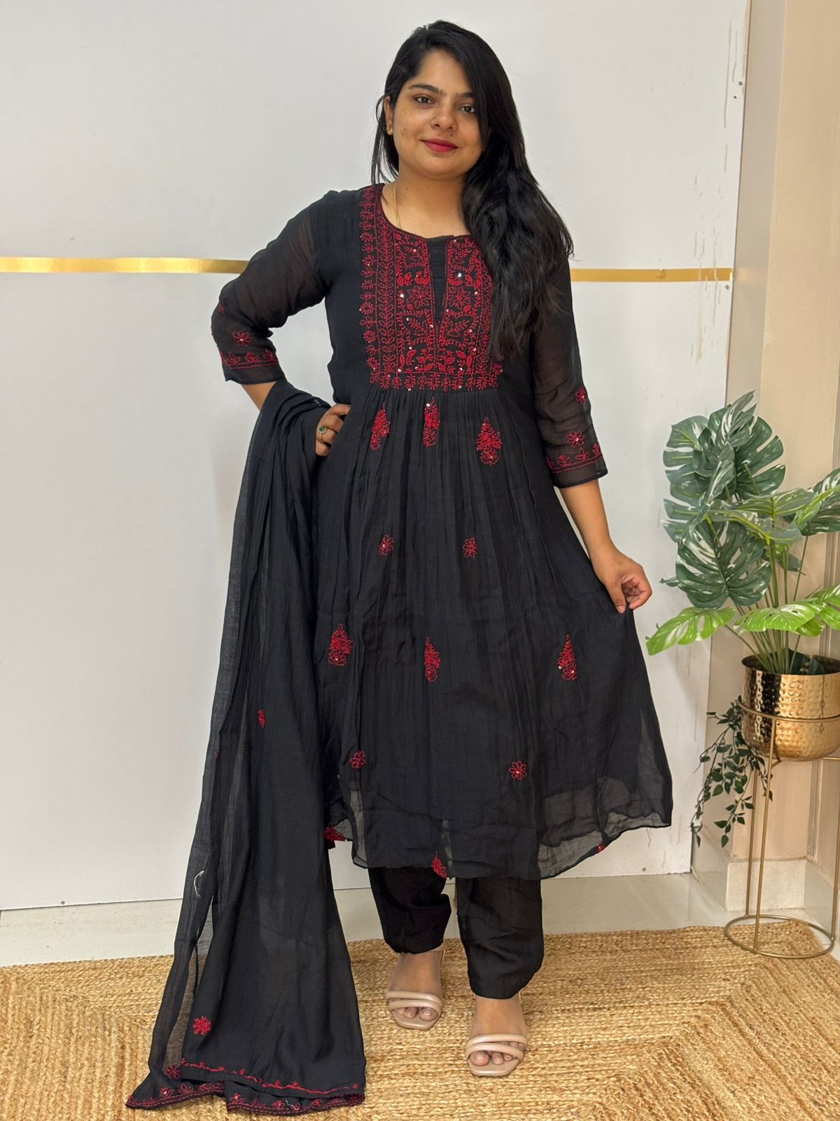 Black Mul Chanderi Hand Embroidery Airline Kurtha 935
