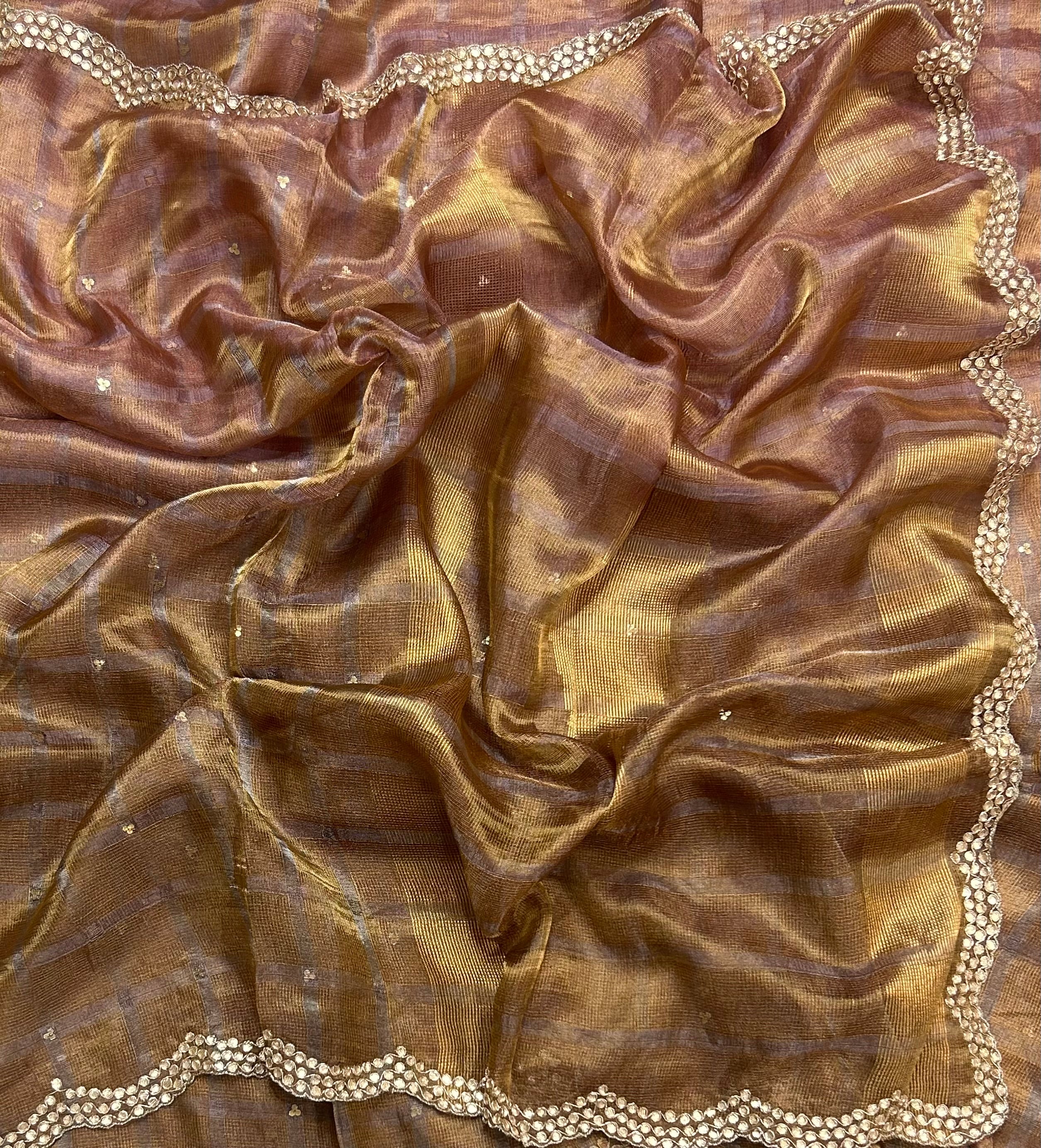 2D checks pure Kora tissue 104 with velvet embroidery work blouse piece saree