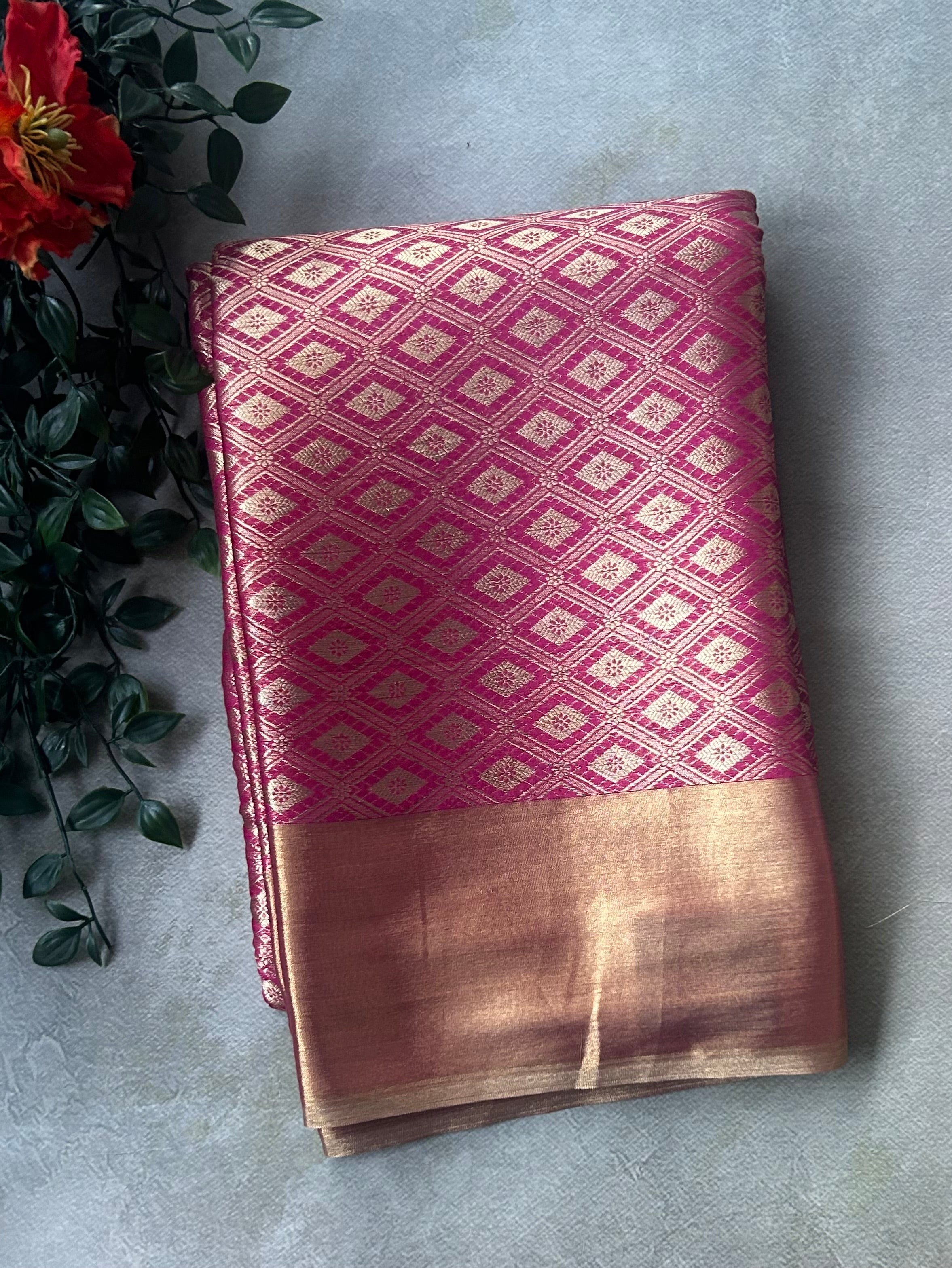 Pink checks brocade semi tissue saree