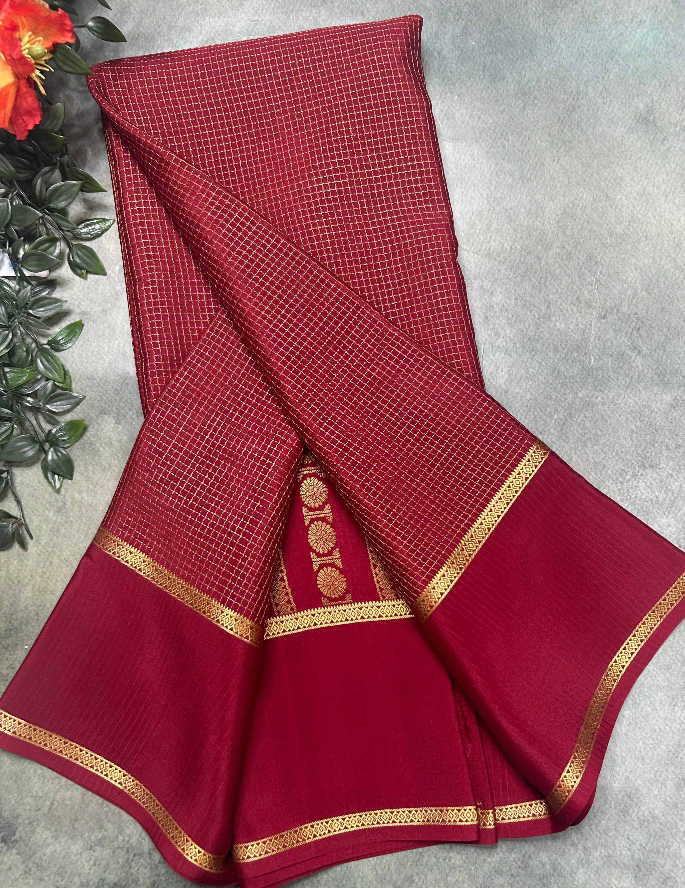 Maroon small checks n bentex border pure Mysore silk 105 saree